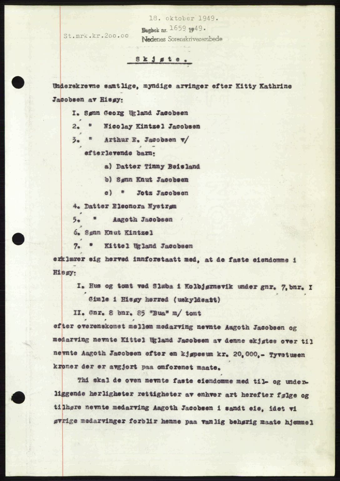 Nedenes sorenskriveri, AV/SAK-1221-0006/G/Gb/Gba/L0061: Pantebok nr. A13, 1949-1949, Dagboknr: 1659/1949