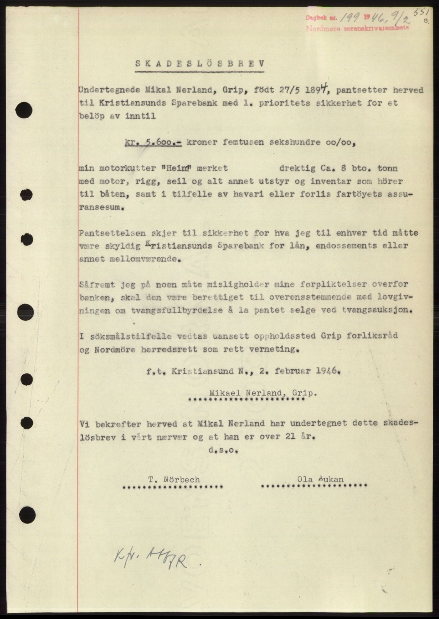 Nordmøre sorenskriveri, SAT/A-4132/1/2/2Ca: Pantebok nr. B93b, 1946-1946, Dagboknr: 199/1946