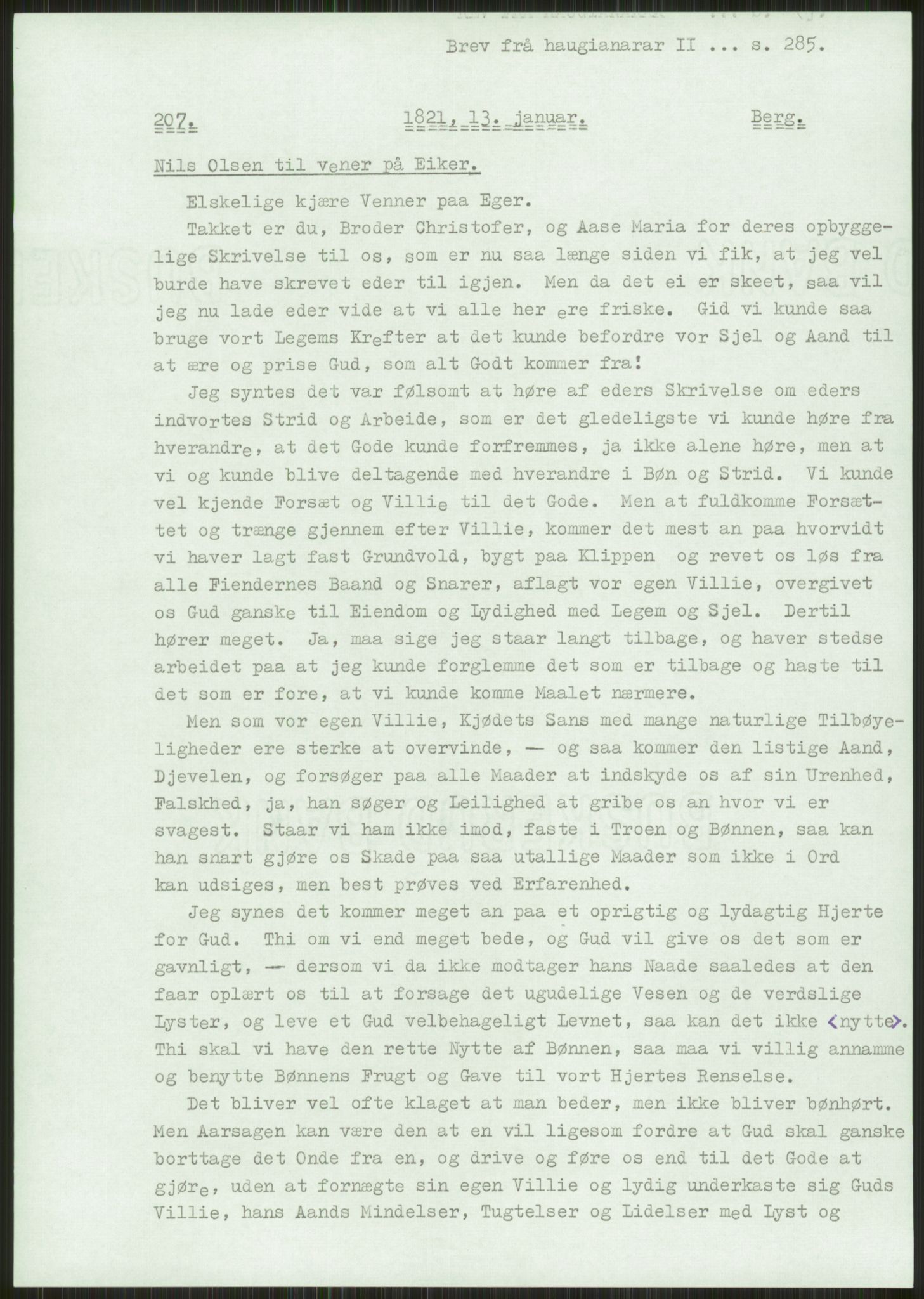 Samlinger til kildeutgivelse, Haugianerbrev, AV/RA-EA-6834/F/L0002: Haugianerbrev II: 1805-1821, 1805-1821, s. 285