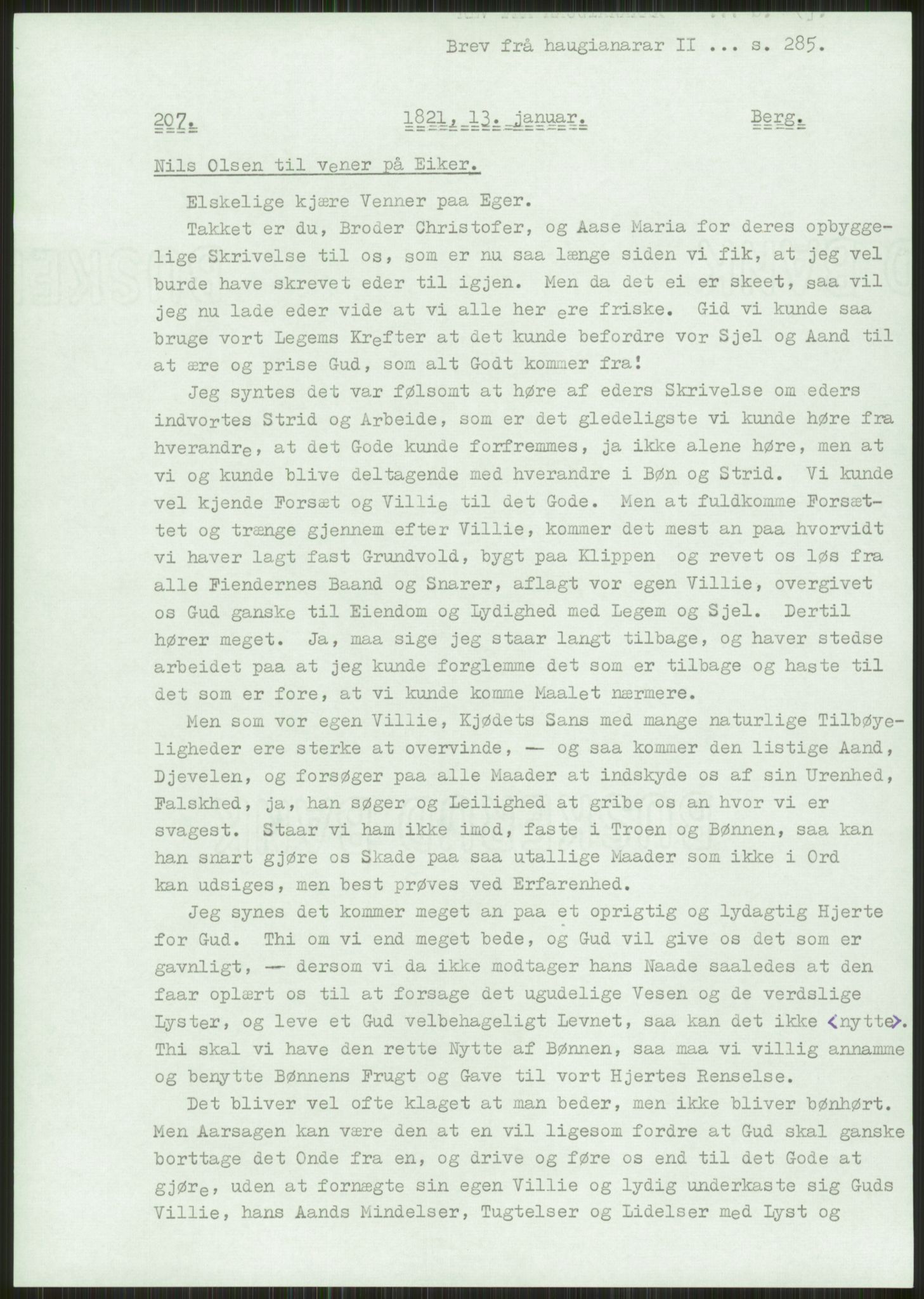 Samlinger til kildeutgivelse, Haugianerbrev, RA/EA-6834/F/L0002: Haugianerbrev II: 1805-1821, 1805-1821, s. 285