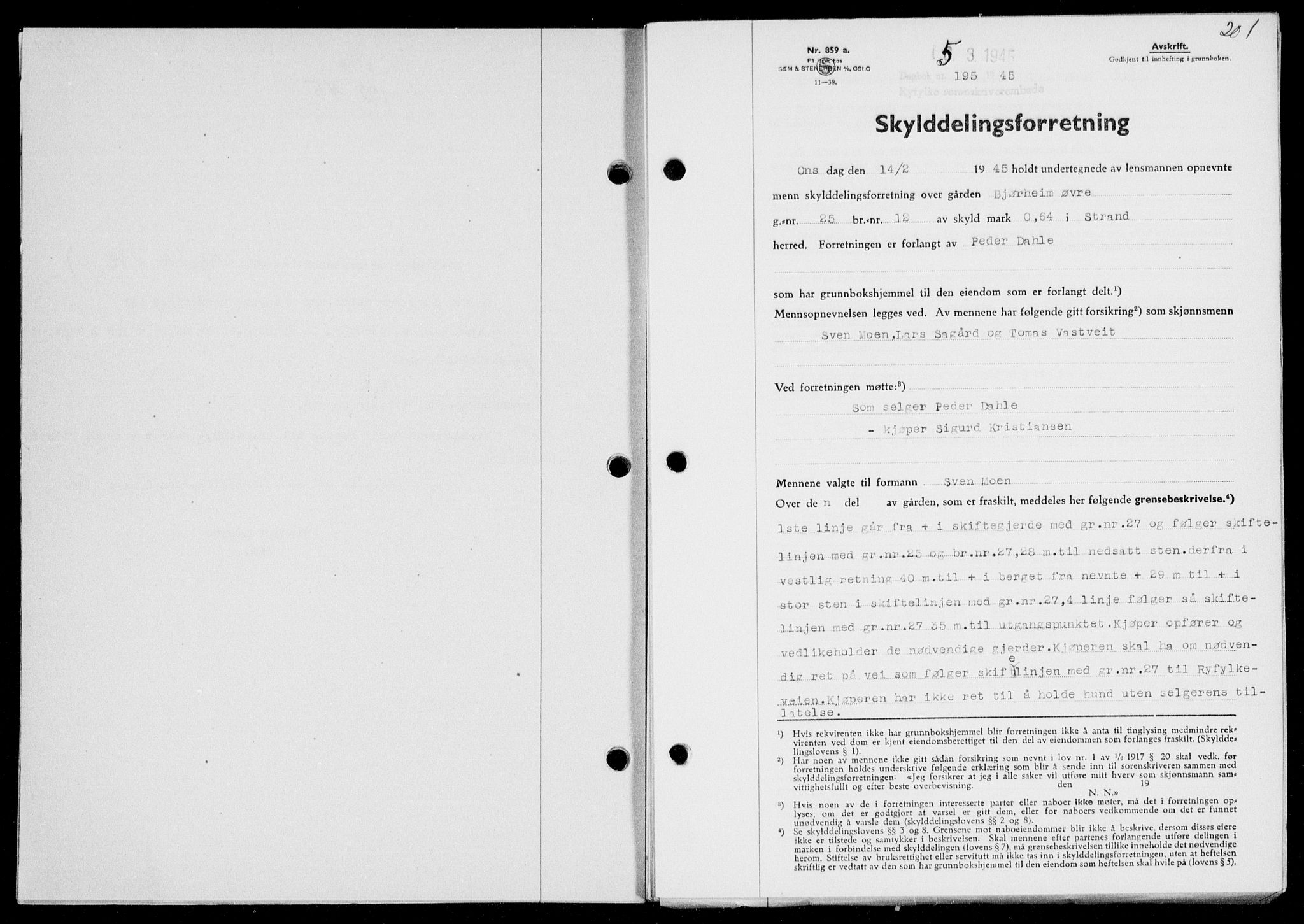 Ryfylke tingrett, SAST/A-100055/001/II/IIB/L0092: Pantebok nr. 71, 1944-1945, Dagboknr: 195/1945
