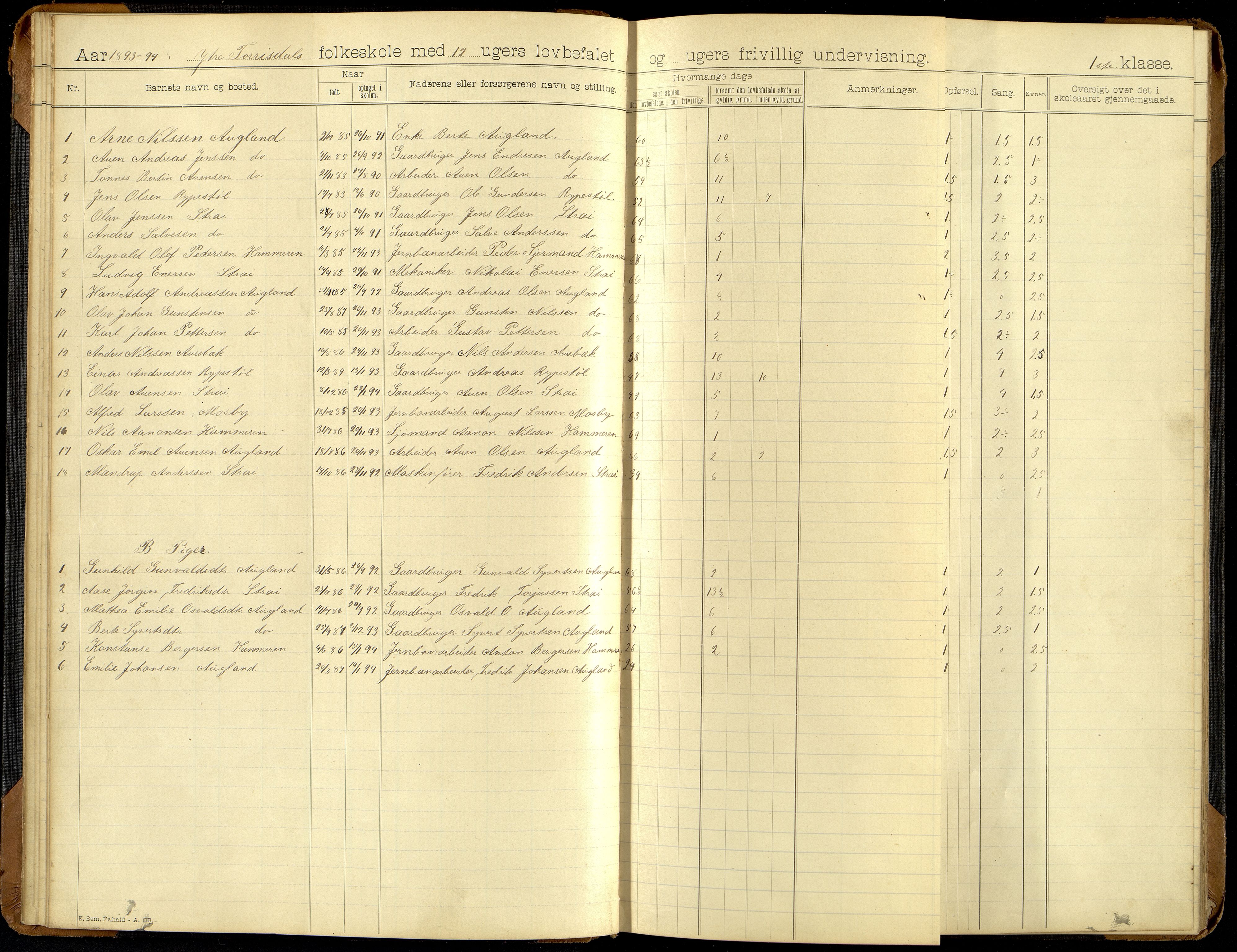 Oddernes kommune - Ytre Torridal skolekrets, ARKSOR/1001OD555/H/L0002: Skoleprotokoll (d), 1891-1902