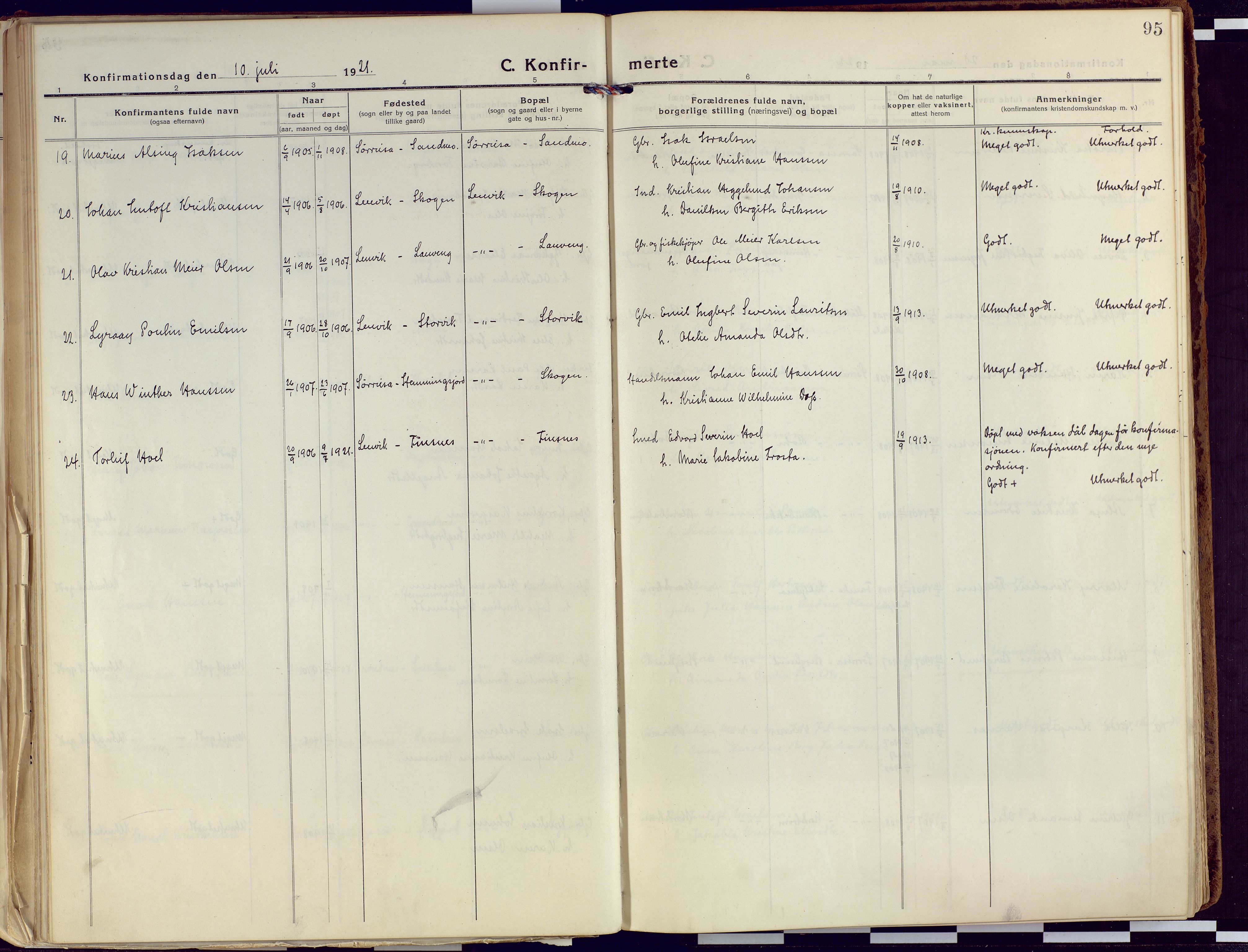 Tranøy sokneprestkontor, AV/SATØ-S-1313/I/Ia/Iaa/L0015kirke: Ministerialbok nr. 15, 1919-1928, s. 95