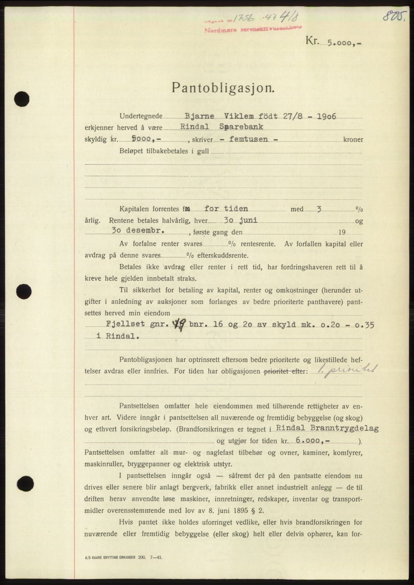 Nordmøre sorenskriveri, AV/SAT-A-4132/1/2/2Ca: Pantebok nr. B96, 1947-1947, Dagboknr: 1756/1947