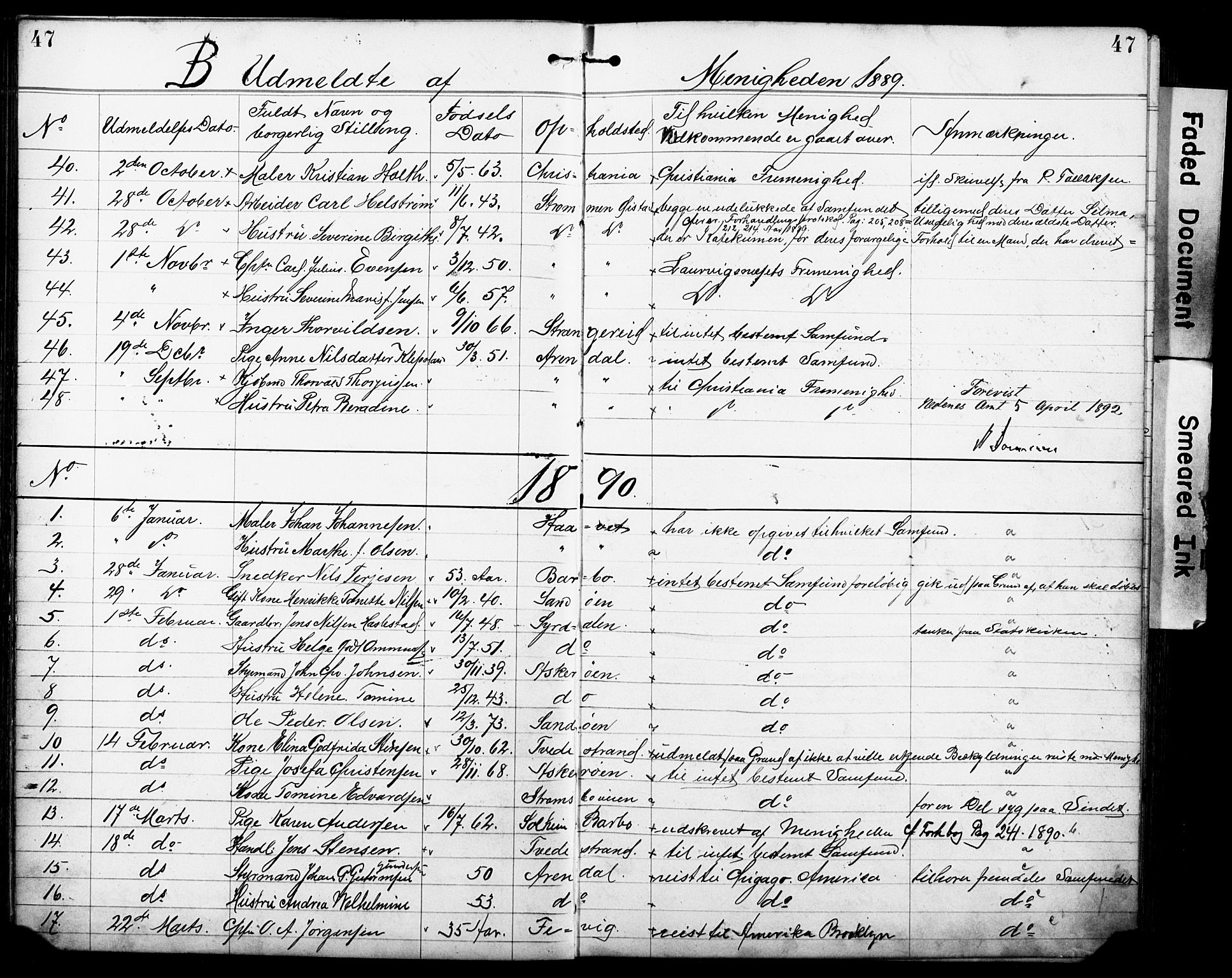 Den evangelisk-lutherske frimenighet, Arendal, AV/SAK-1292-0005/F/Fa/L0002: Dissenterprotokoll nr. F 6, 1884-1908, s. 47