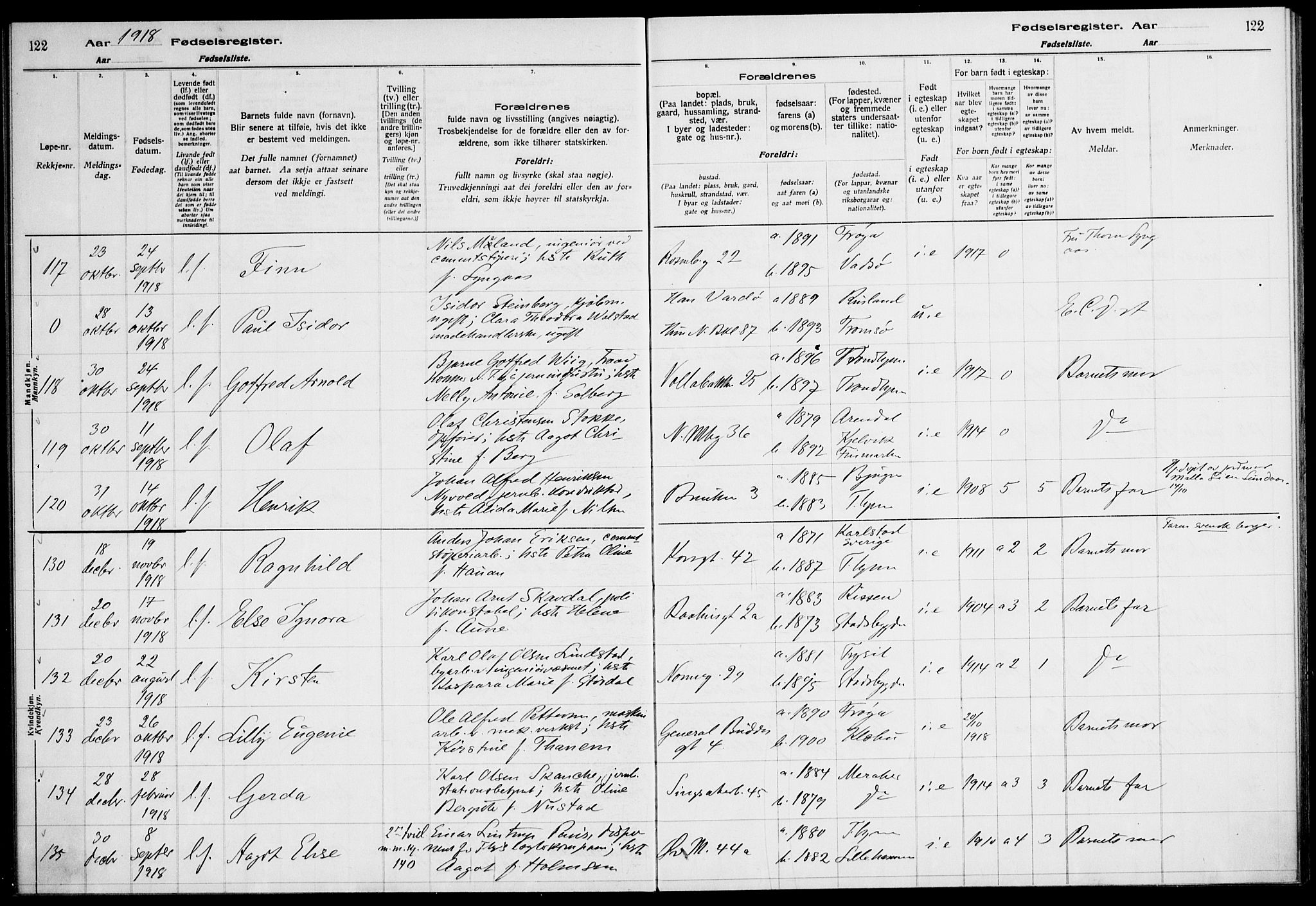 Ministerialprotokoller, klokkerbøker og fødselsregistre - Sør-Trøndelag, SAT/A-1456/604/L0232: Fødselsregister nr. 604.II.4.1, 1916-1920, s. 122