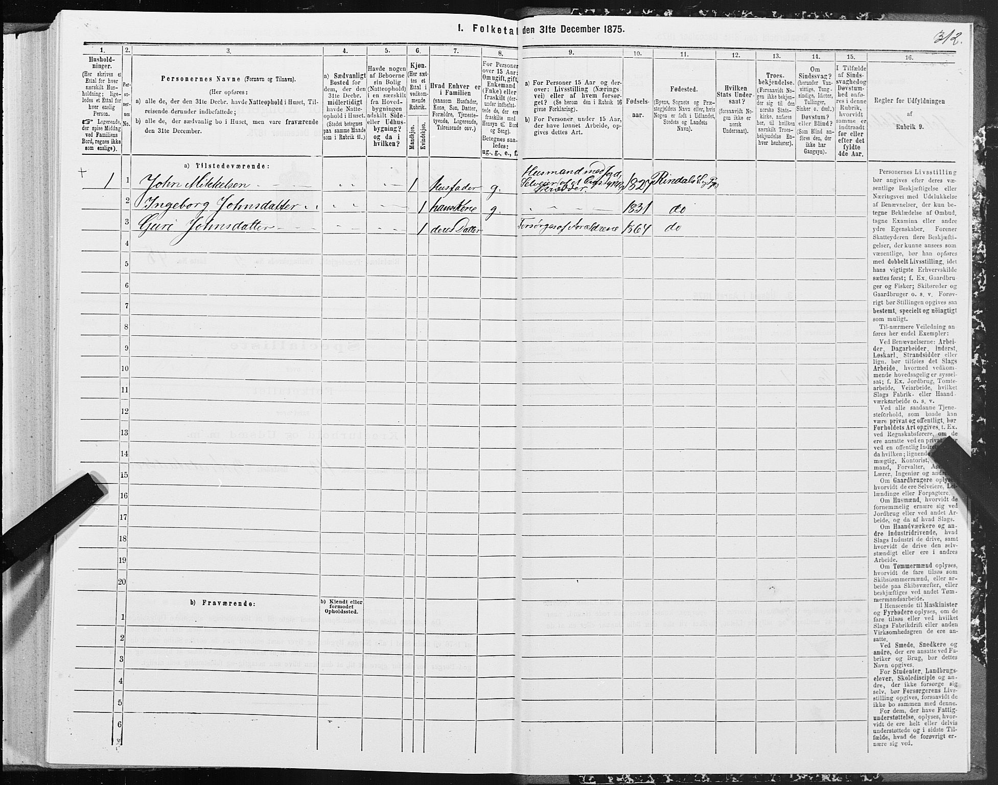 SAT, Folketelling 1875 for 1567P Rindal prestegjeld, 1875, s. 2312