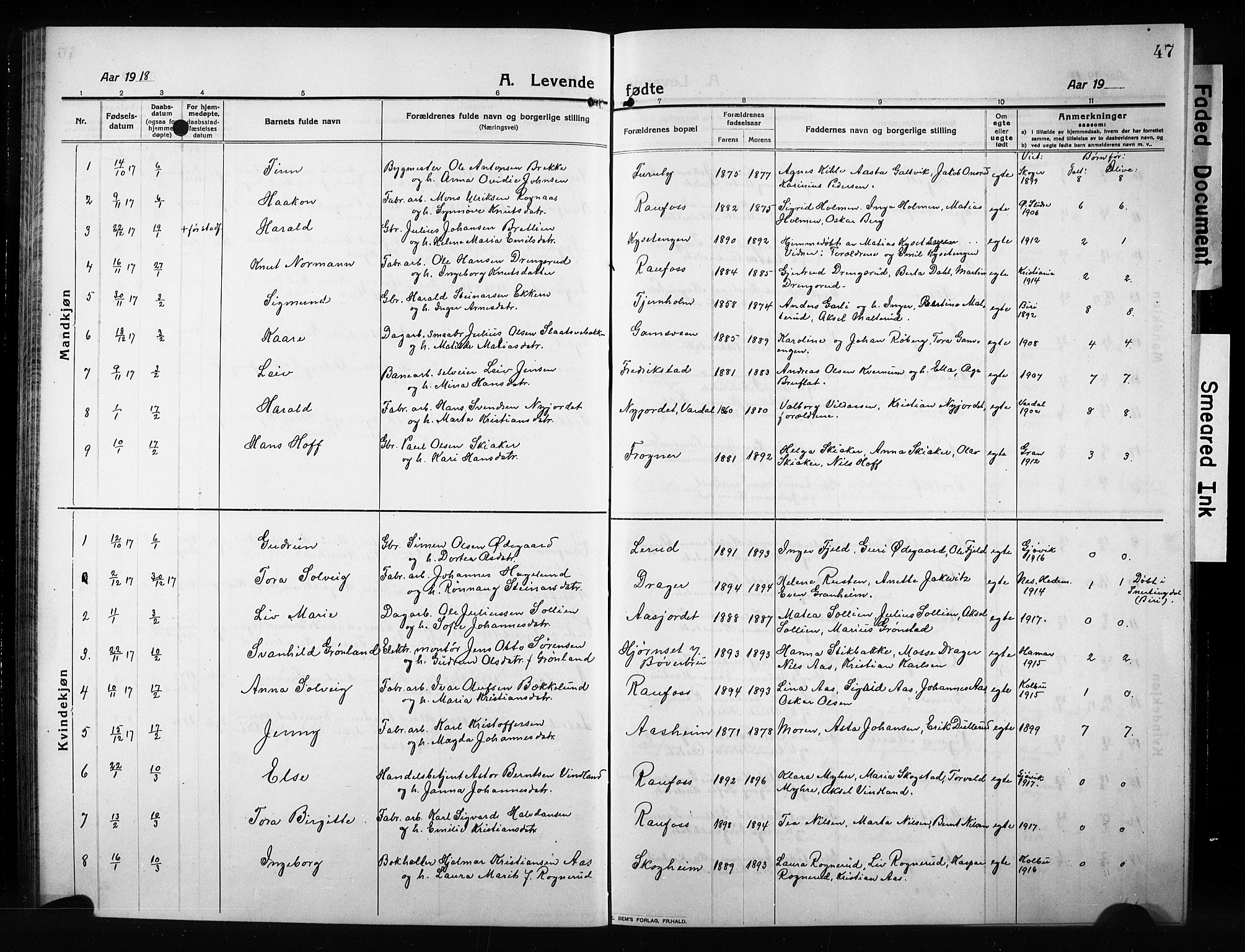 Vestre Toten prestekontor, AV/SAH-PREST-108/H/Ha/Hab/L0012: Klokkerbok nr. 12, 1909-1928, s. 47