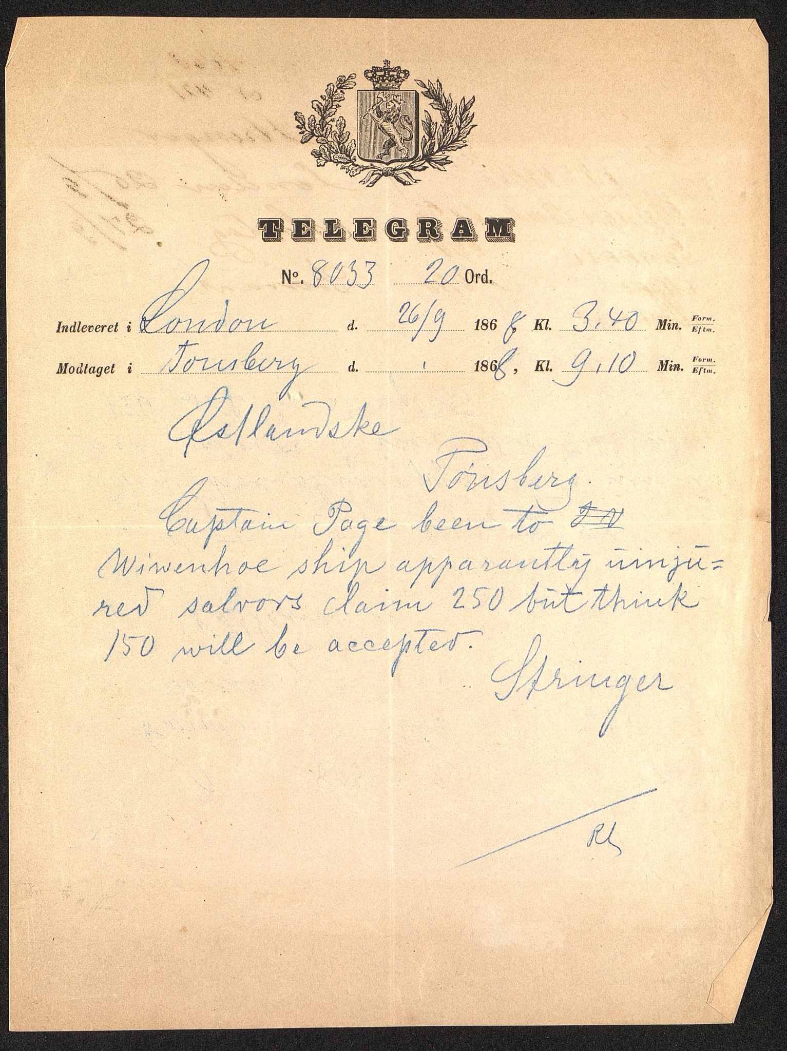 Pa 63 - Østlandske skibsassuranceforening, VEMU/A-1079/G/Ga/L0001/0013: Havaridokumenter / Dølen, 1868