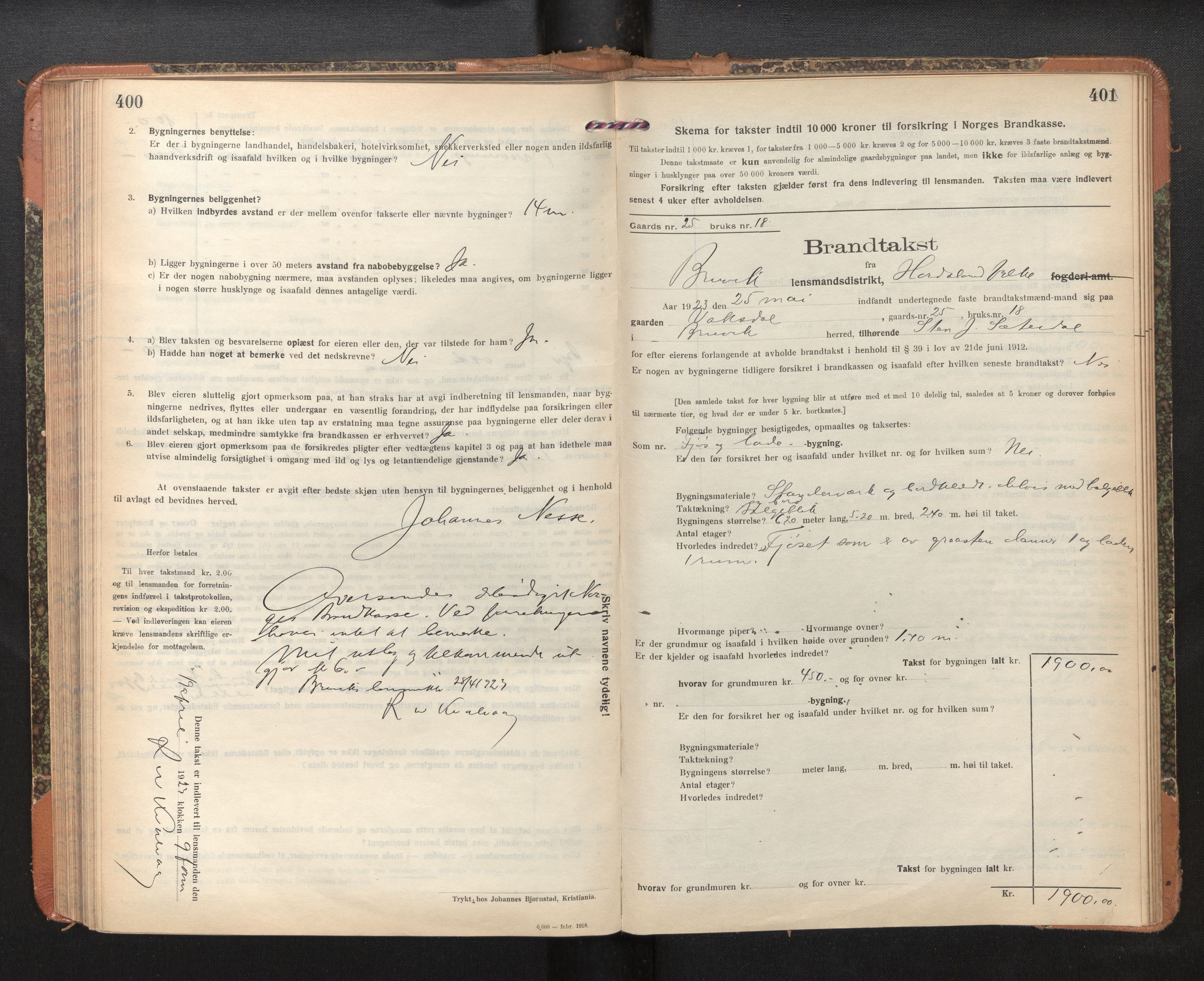 Lensmannen i Bruvik, SAB/A-31301/0012/L0009: Branntakstprotokoll, skjematakst, 1918-1925, s. 400-401