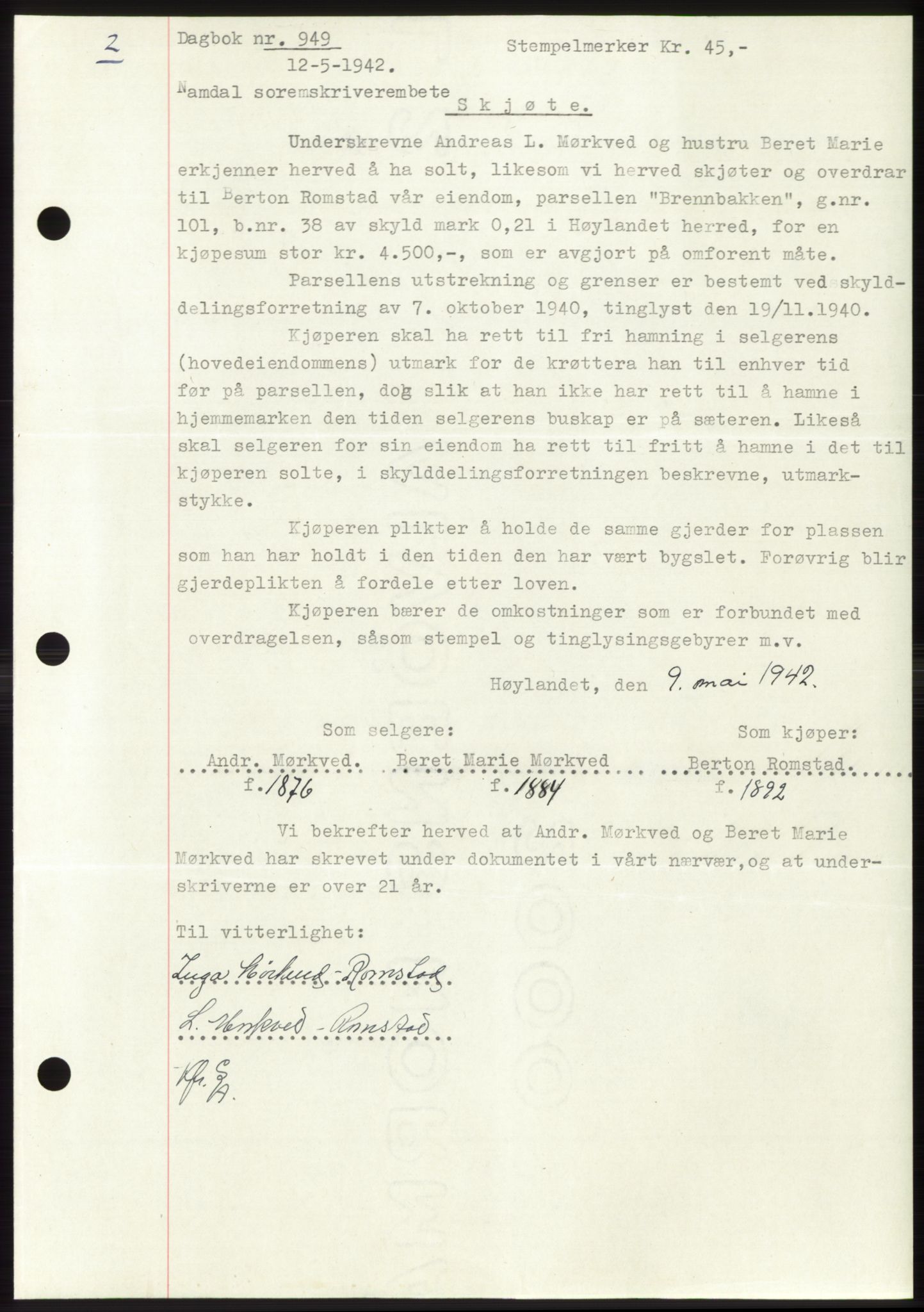 Namdal sorenskriveri, SAT/A-4133/1/2/2C: Pantebok nr. -, 1941-1942, Dagboknr: 949/1942