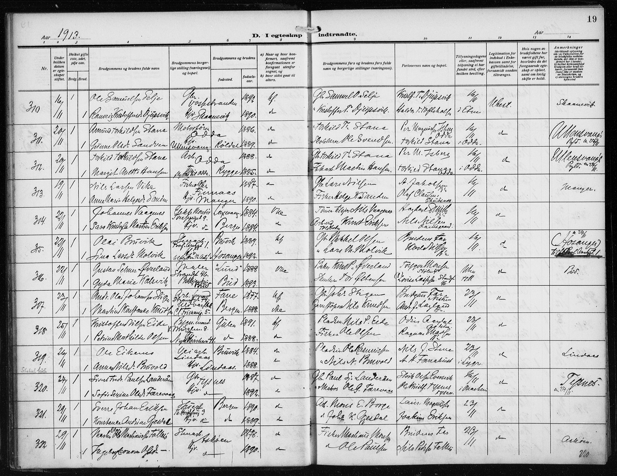 Nykirken Sokneprestembete, AV/SAB-A-77101/H/Haa/L0036: Ministerialbok nr. D 6, 1913-1918, s. 19