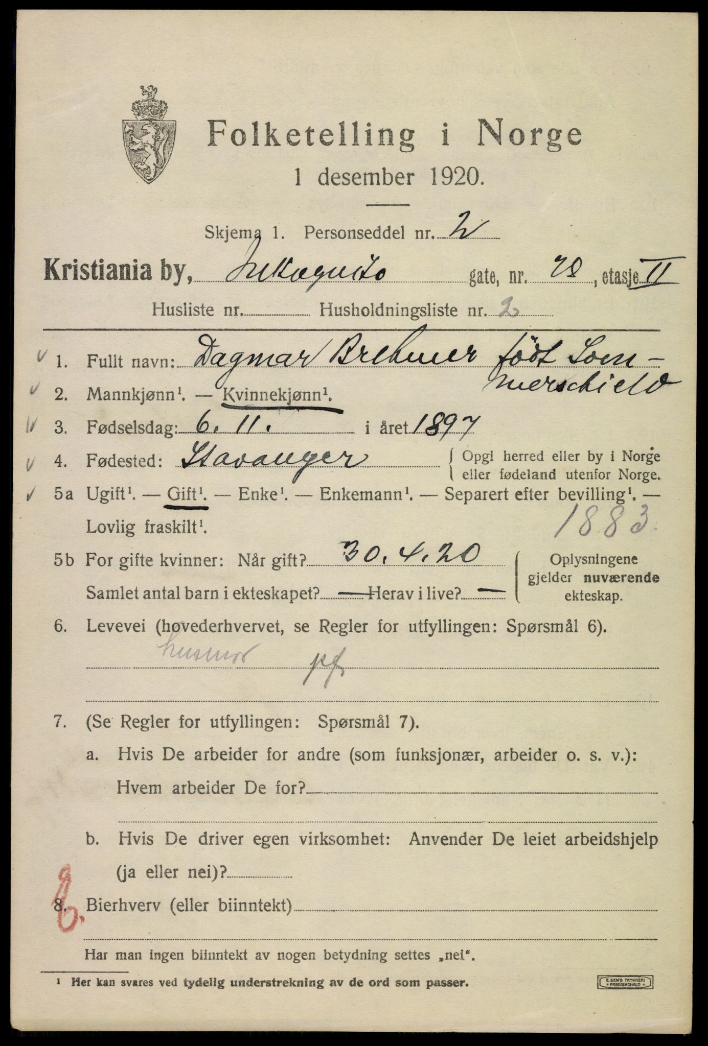 SAO, Folketelling 1920 for 0301 Kristiania kjøpstad, 1920, s. 311423