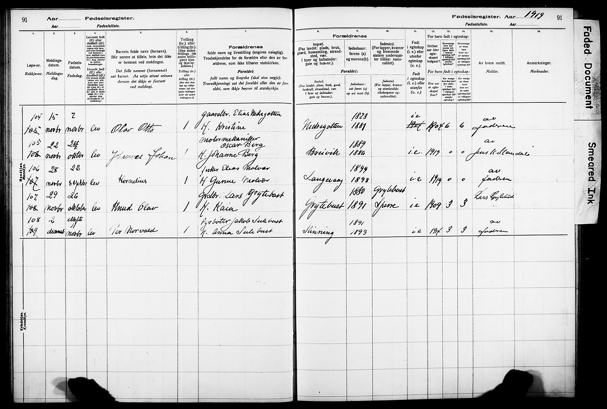 Ministerialprotokoller, klokkerbøker og fødselsregistre - Møre og Romsdal, AV/SAT-A-1454/528/L0442: Fødselsregister nr. 528.II.4.1, 1916-1924, s. 91