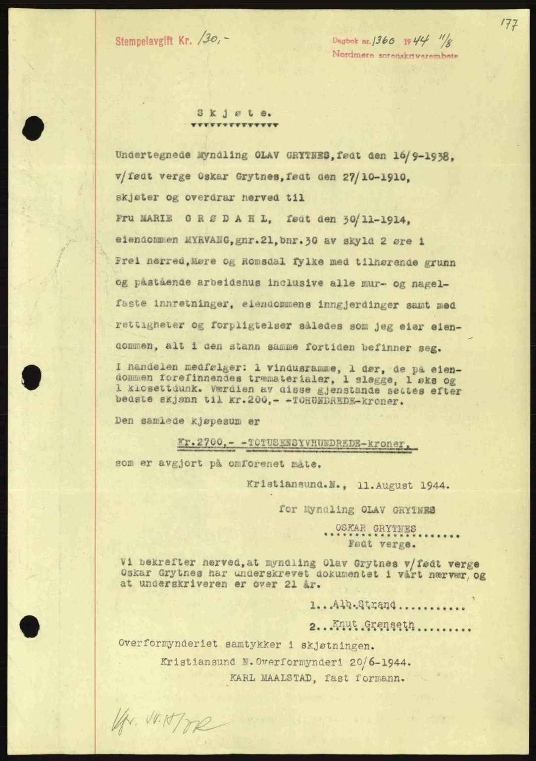 Nordmøre sorenskriveri, SAT/A-4132/1/2/2Ca: Pantebok nr. A98, 1944-1944, Dagboknr: 1360/1944