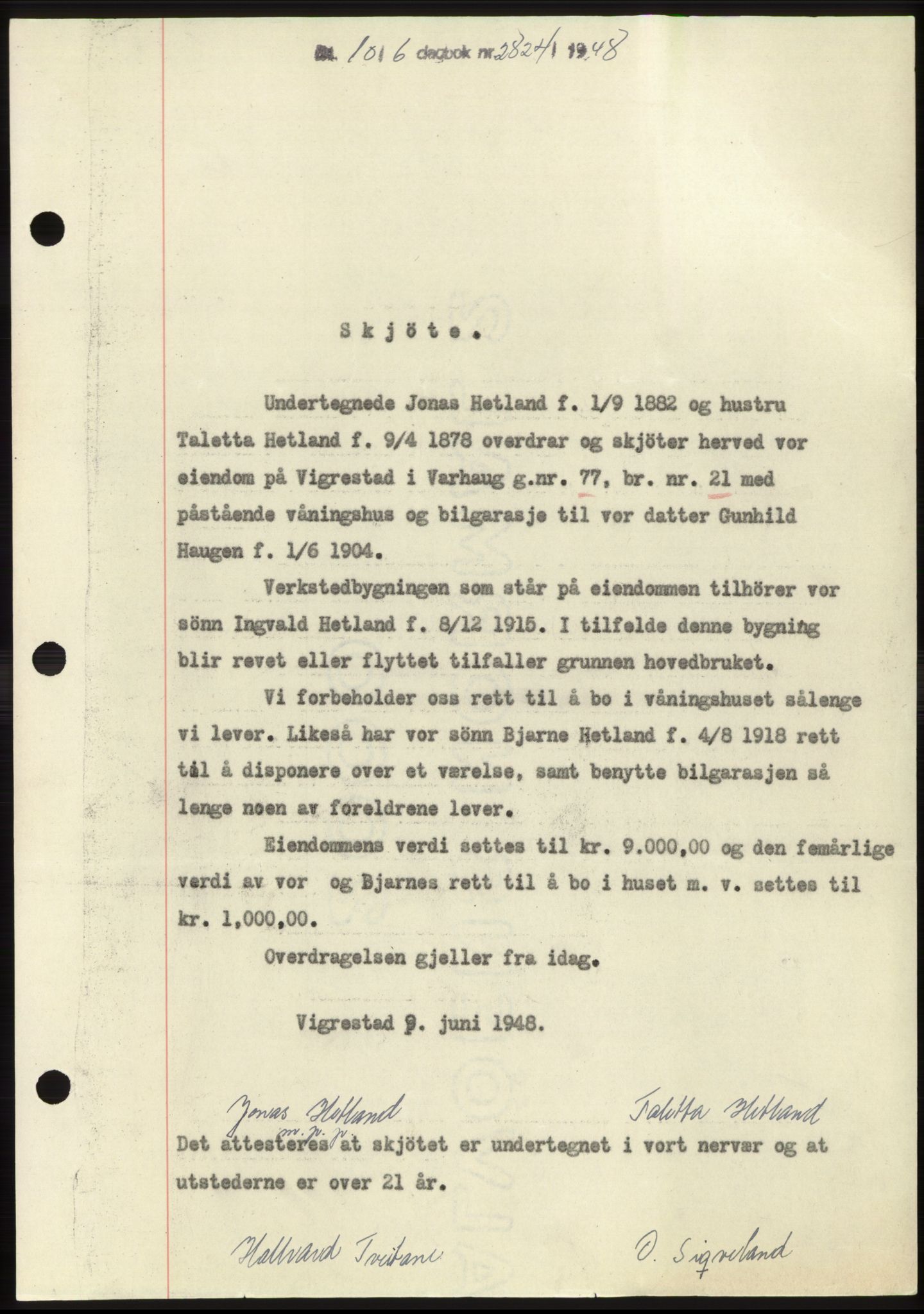 Jæren sorenskriveri, SAST/A-100310/03/G/Gba/L0099: Pantebok, 1948-1948, Dagboknr: 2824/1948