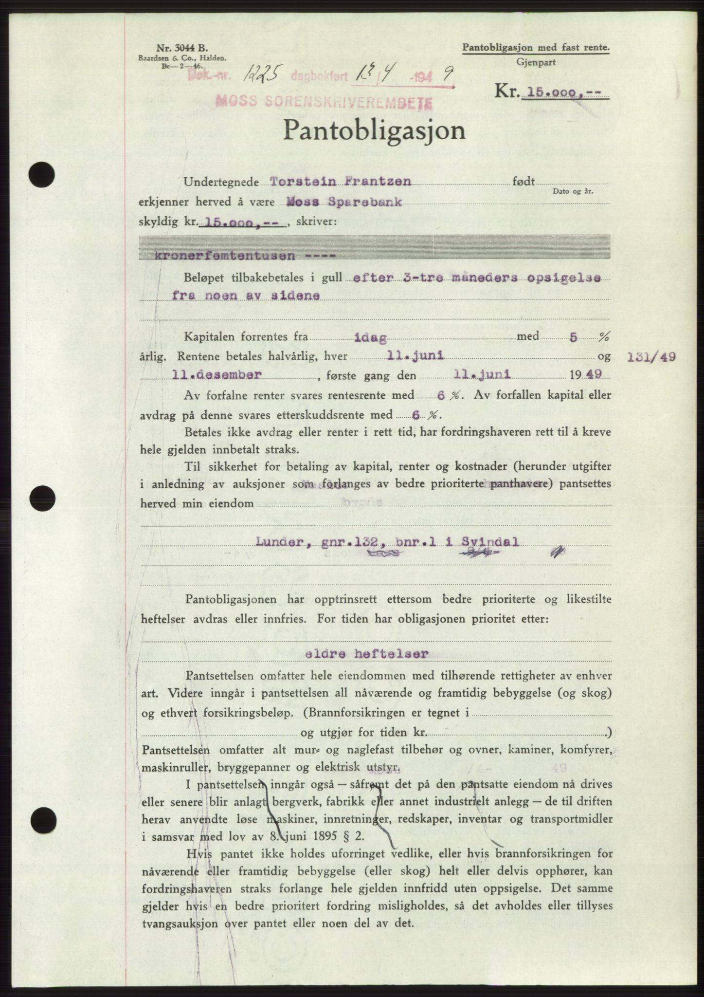 Moss sorenskriveri, SAO/A-10168: Pantebok nr. B21, 1949-1949, Dagboknr: 1225/1949