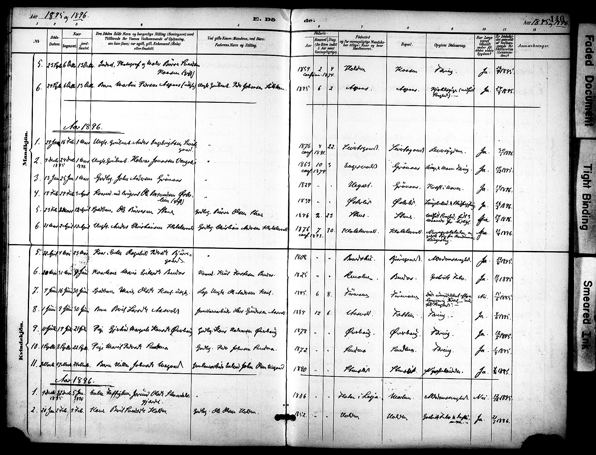 Ministerialprotokoller, klokkerbøker og fødselsregistre - Sør-Trøndelag, SAT/A-1456/686/L0984: Ministerialbok nr. 686A02, 1891-1906, s. 140