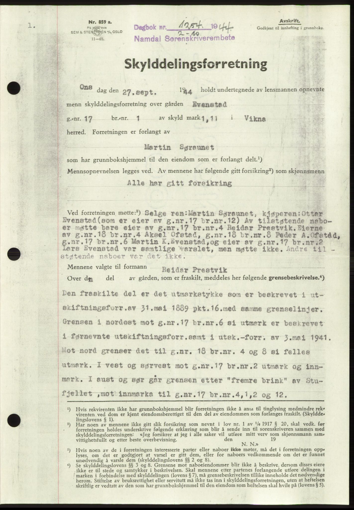 Namdal sorenskriveri, SAT/A-4133/1/2/2C: Pantebok nr. -, 1944-1945, Dagboknr: 1254/1944