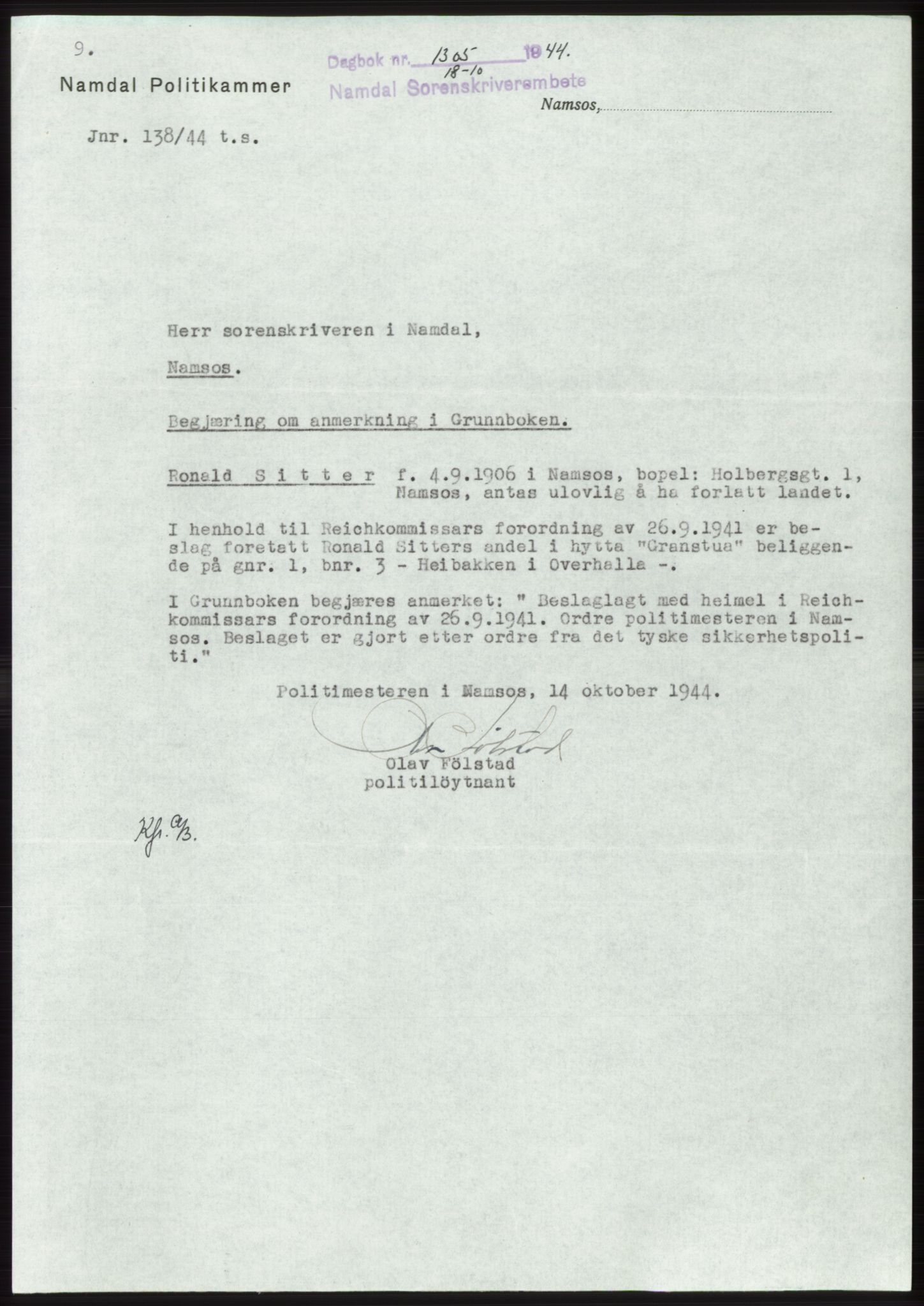 Namdal sorenskriveri, SAT/A-4133/1/2/2C: Pantebok nr. -, 1944-1945, Dagboknr: 1305/1944