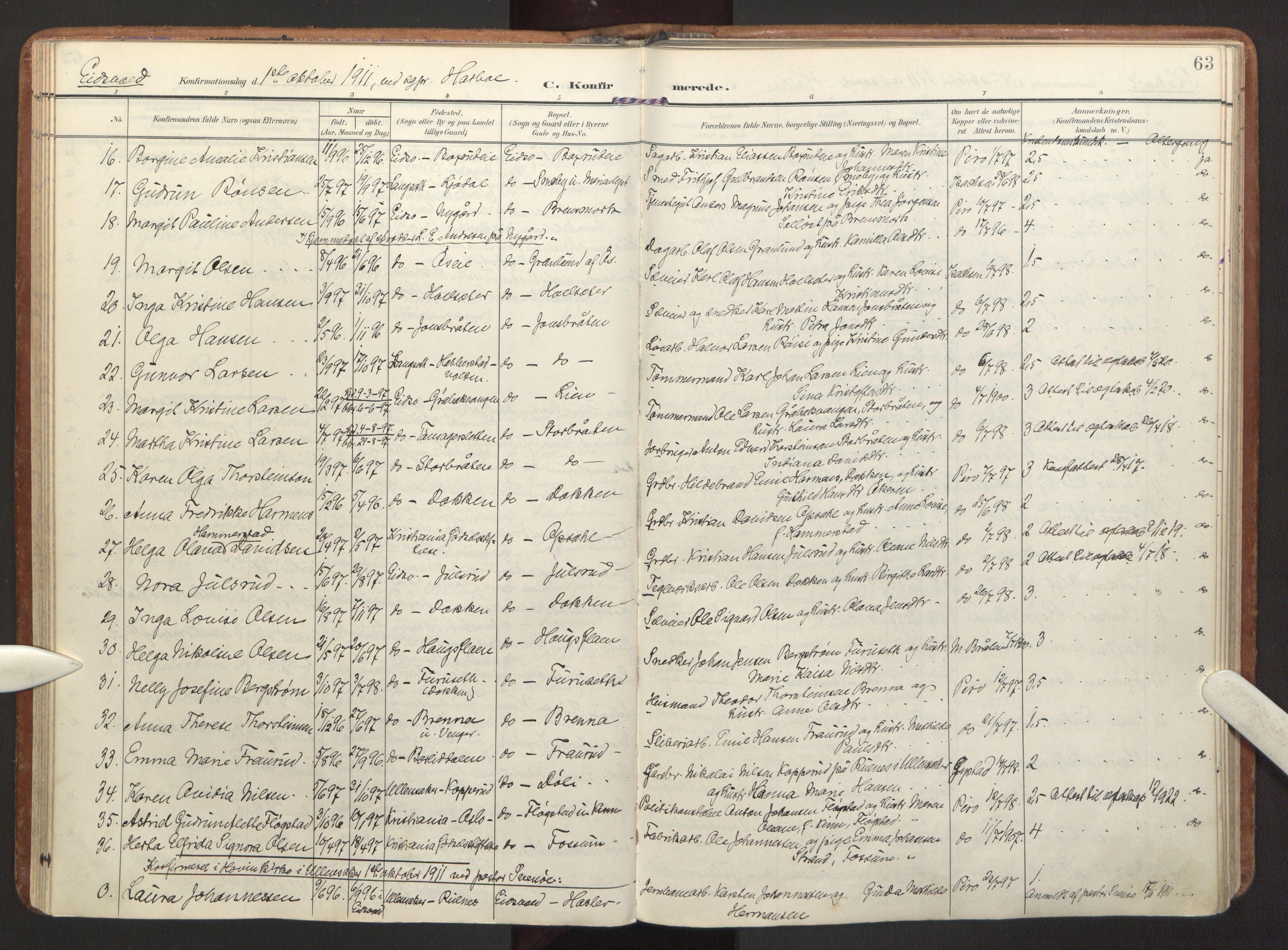 Eidsvoll prestekontor Kirkebøker, AV/SAO-A-10888/F/Fa/L0007: Ministerialbok nr. I 7, 1905-1920, s. 63