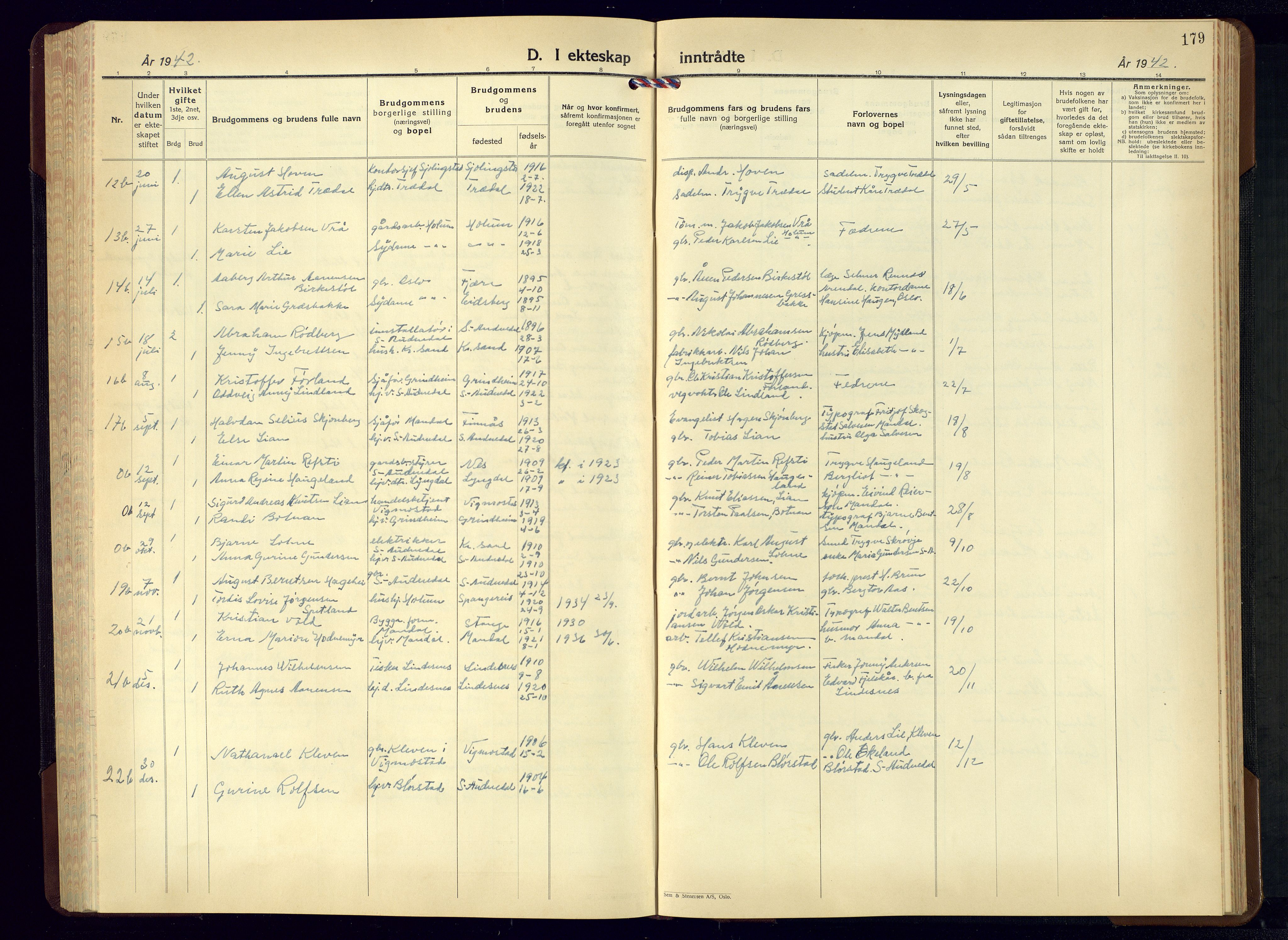 Sør-Audnedal sokneprestkontor, AV/SAK-1111-0039/F/Fb/Fbb/L0007: Klokkerbok nr. B-7, 1939-1965, s. 179