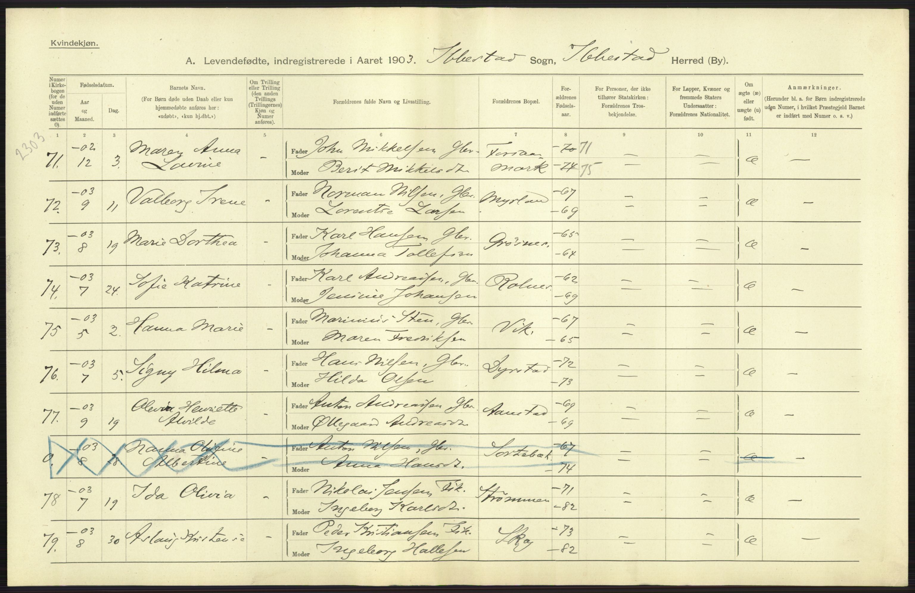 Statistisk sentralbyrå, Sosiodemografiske emner, Befolkning, AV/RA-S-2228/D/Df/Dfa/Dfaa/L0021: Tromsø amt: Fødte, gifte, døde., 1903, s. 37