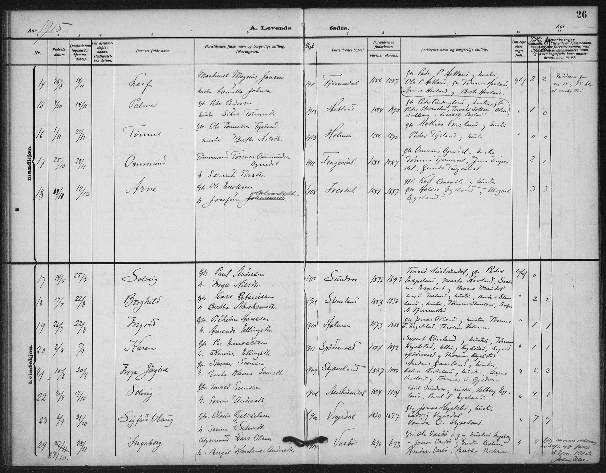 Helleland sokneprestkontor, AV/SAST-A-101810: Ministerialbok nr. A 11, 1909-1922, s. 26