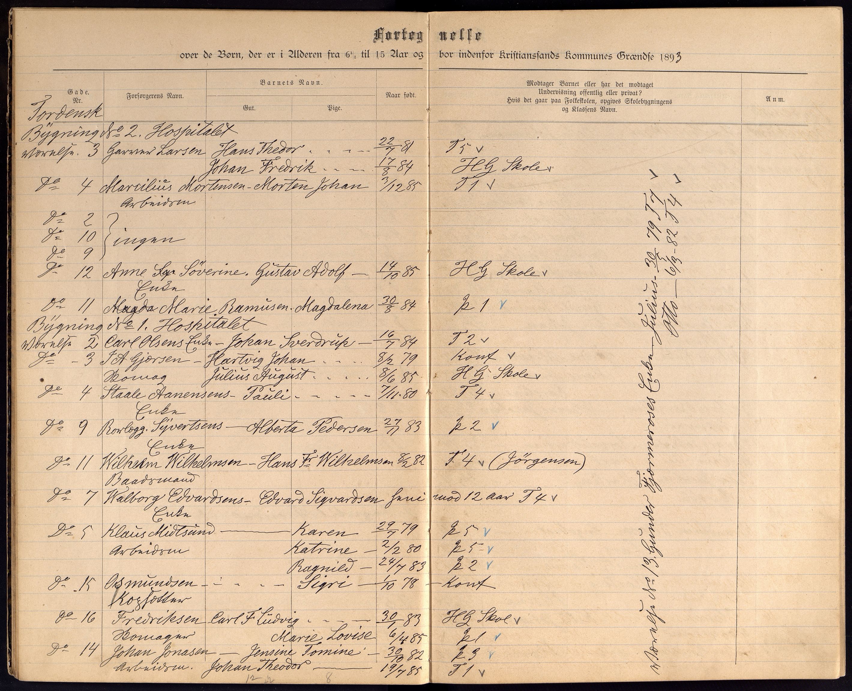 Kristiansand By - Skolekommisjonen/ -Styret, ARKSOR/1001KG510/J/Jb/L0003: Barnetelling, 1893