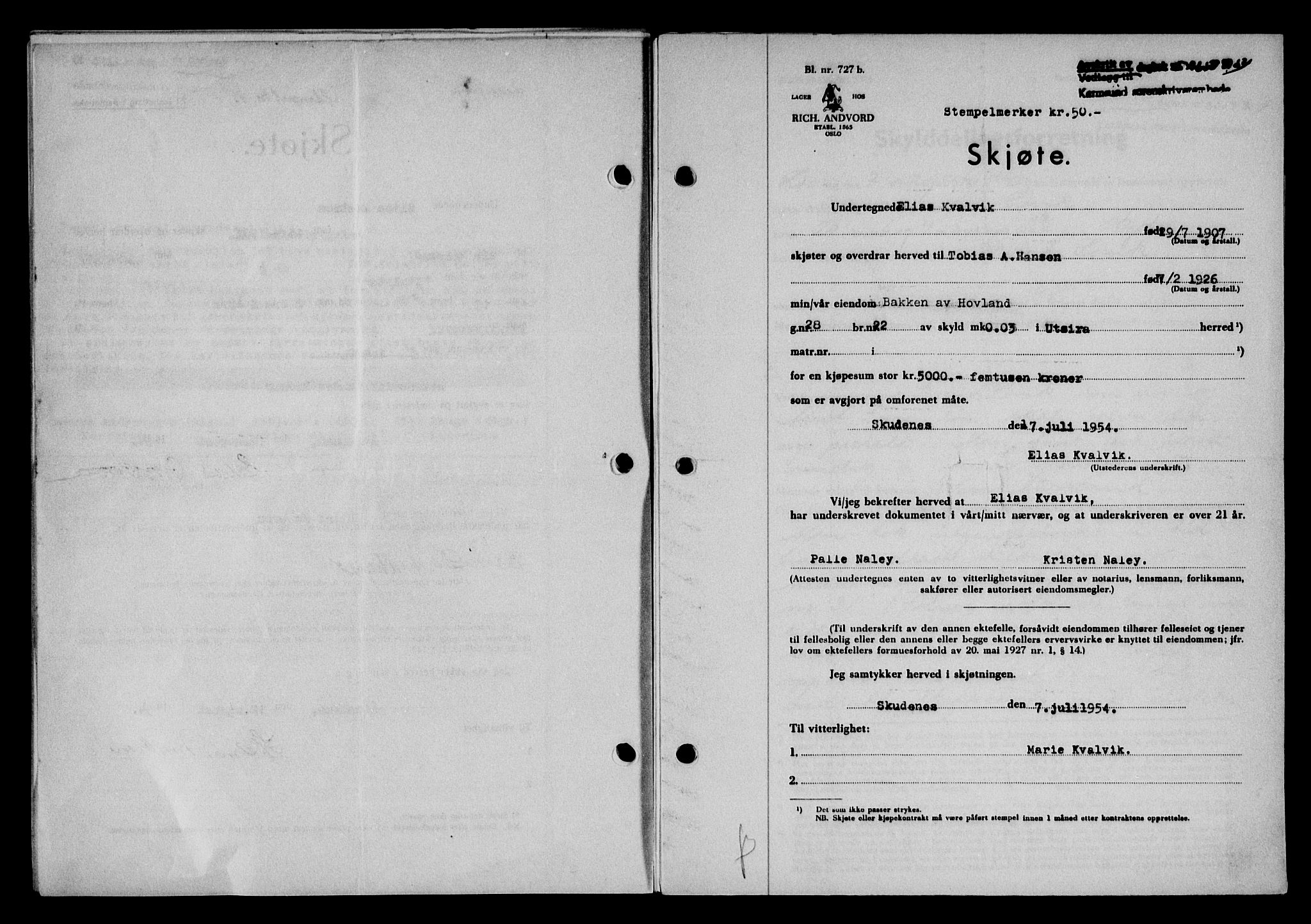 Karmsund sorenskriveri, SAST/A-100311/01/II/IIB/L0113: Pantebok nr. 93A, 1954-1954, Dagboknr: 2658/1954