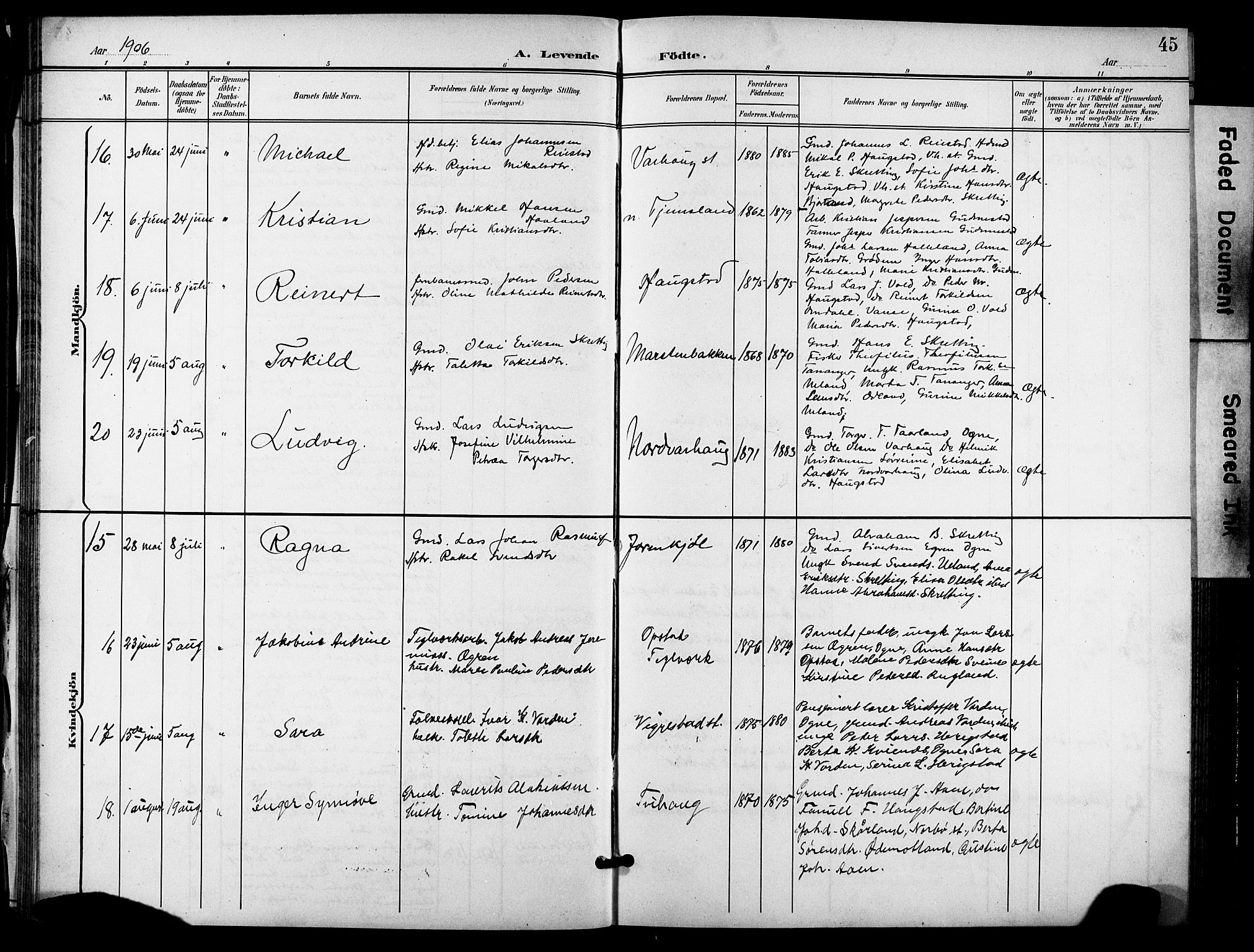 Hå sokneprestkontor, AV/SAST-A-101801/001/30BB/L0006: Klokkerbok nr. B 6, 1900-1924, s. 45