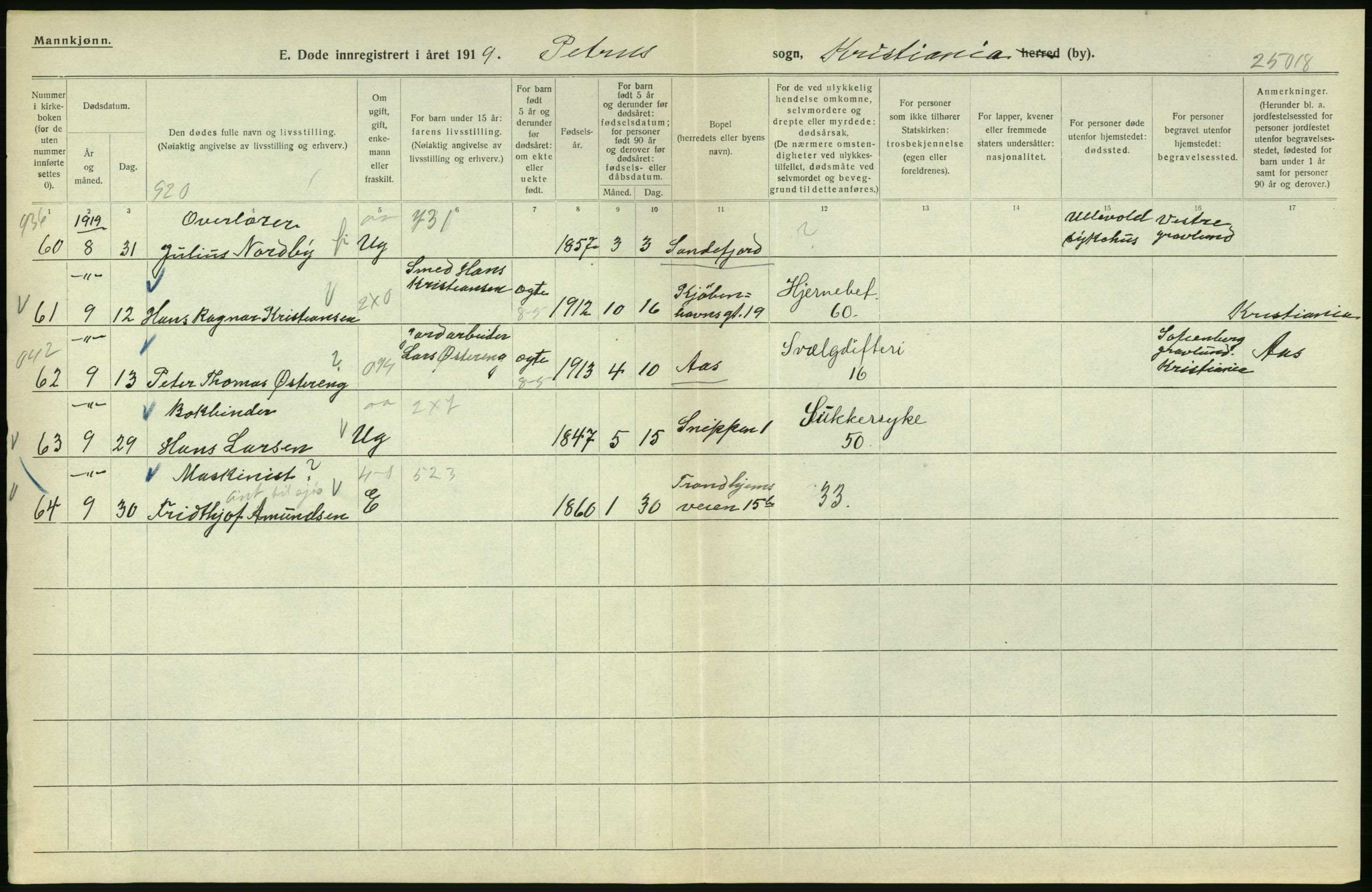 Statistisk sentralbyrå, Sosiodemografiske emner, Befolkning, AV/RA-S-2228/D/Df/Dfb/Dfbi/L0010: Kristiania: Døde, 1919, s. 672