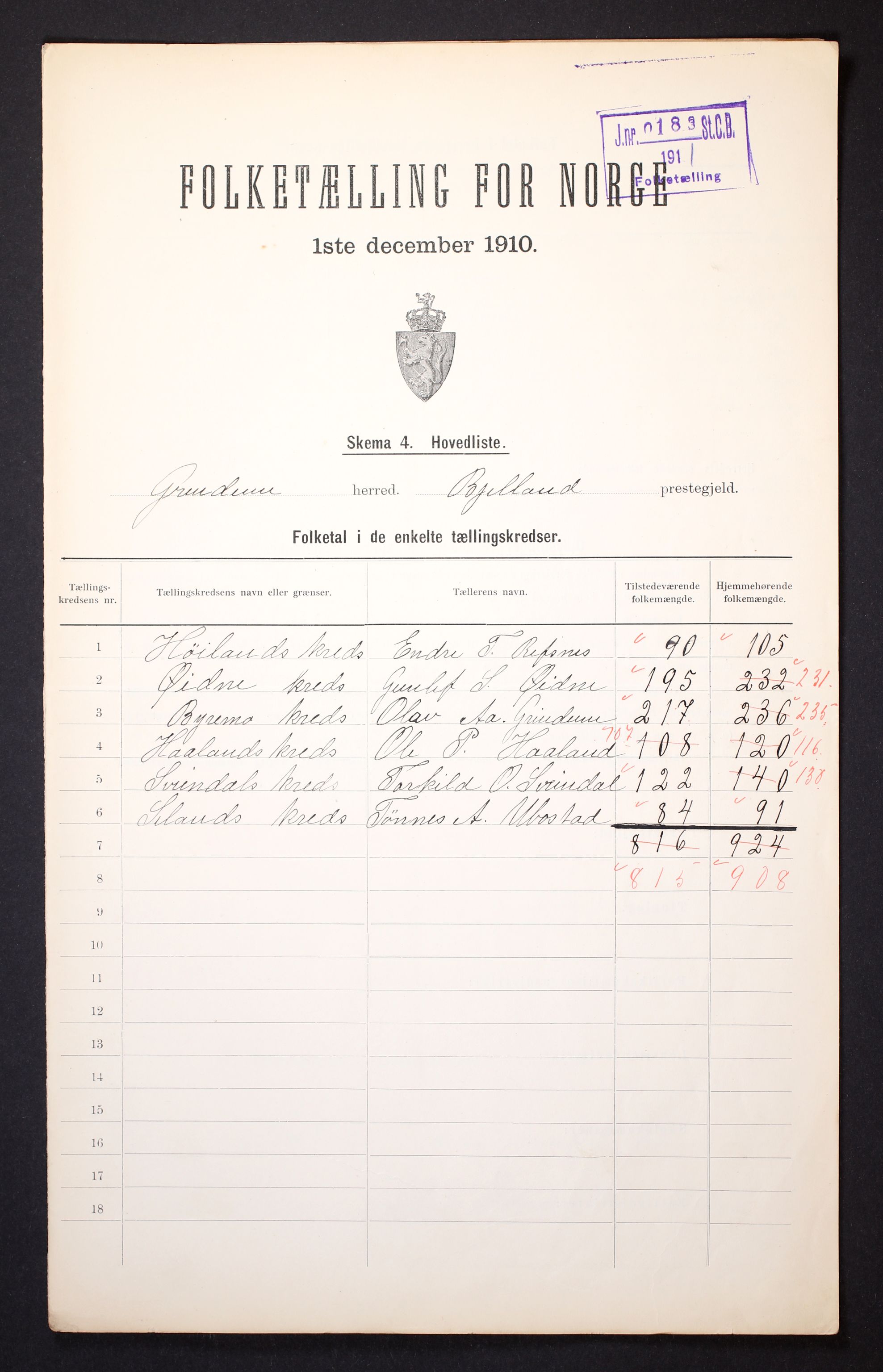 RA, Folketelling 1910 for 1025 Grindheim herred, 1910, s. 1