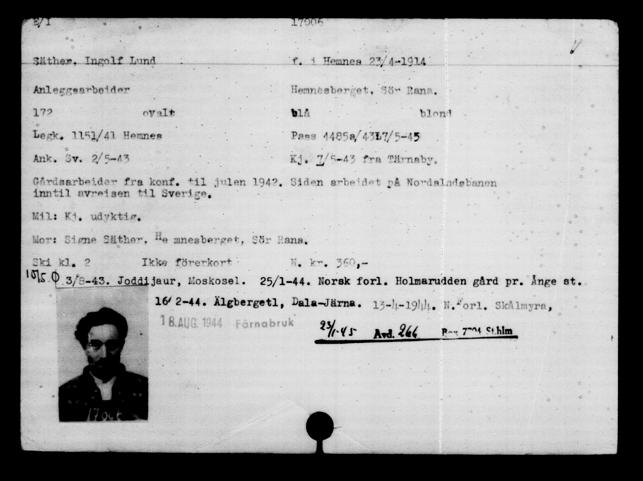 Utenriksstasjonene, Legasjonen i Stockholm, Flyktningkontoret, AV/RA-S-6753/V/Va/L0008: Kjesäterkartoteket, flyktninger med registreringsnr. 15700-18547, 1940-1945, s. 1433