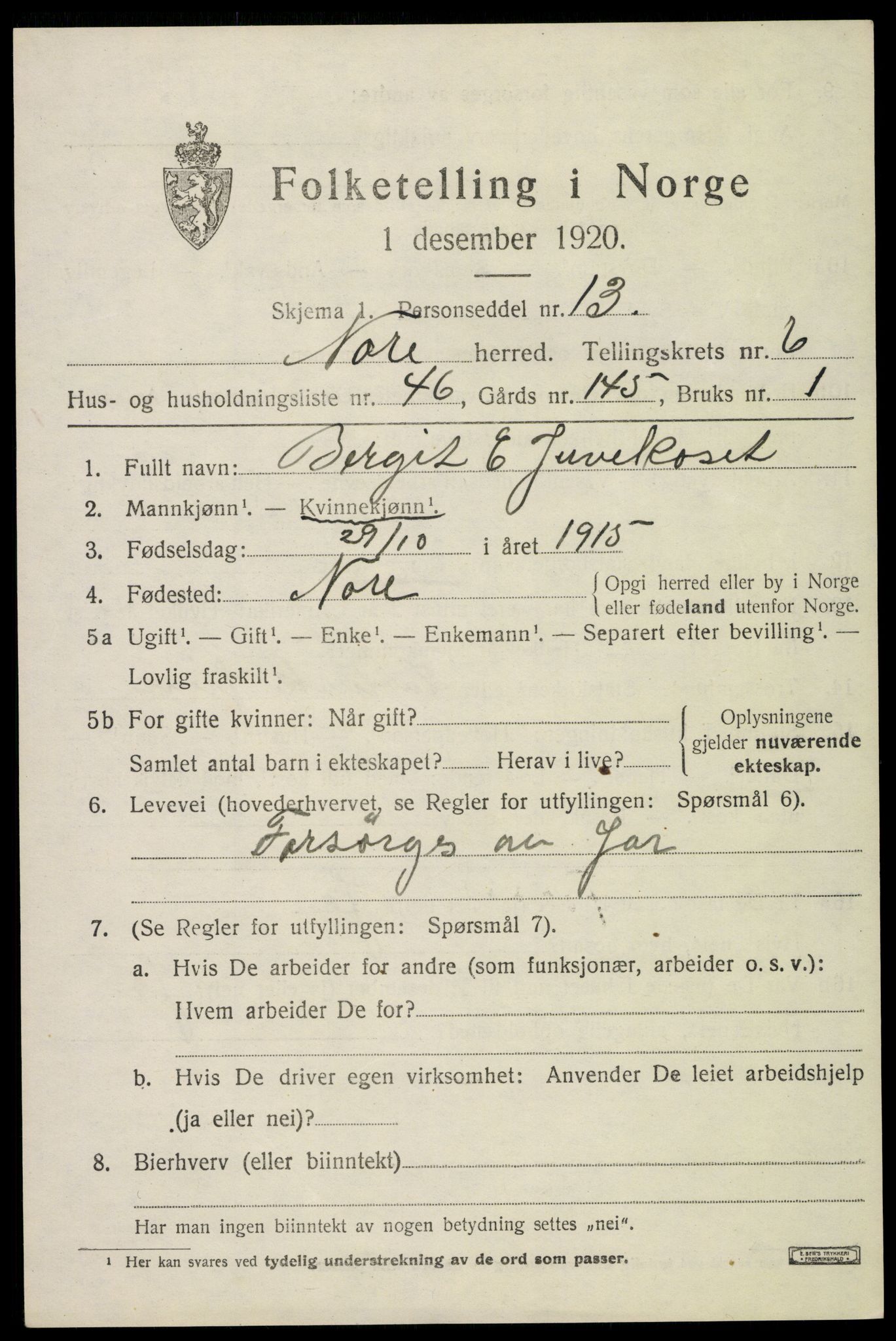 SAKO, Folketelling 1920 for 0633 Nore herred, 1920, s. 3042