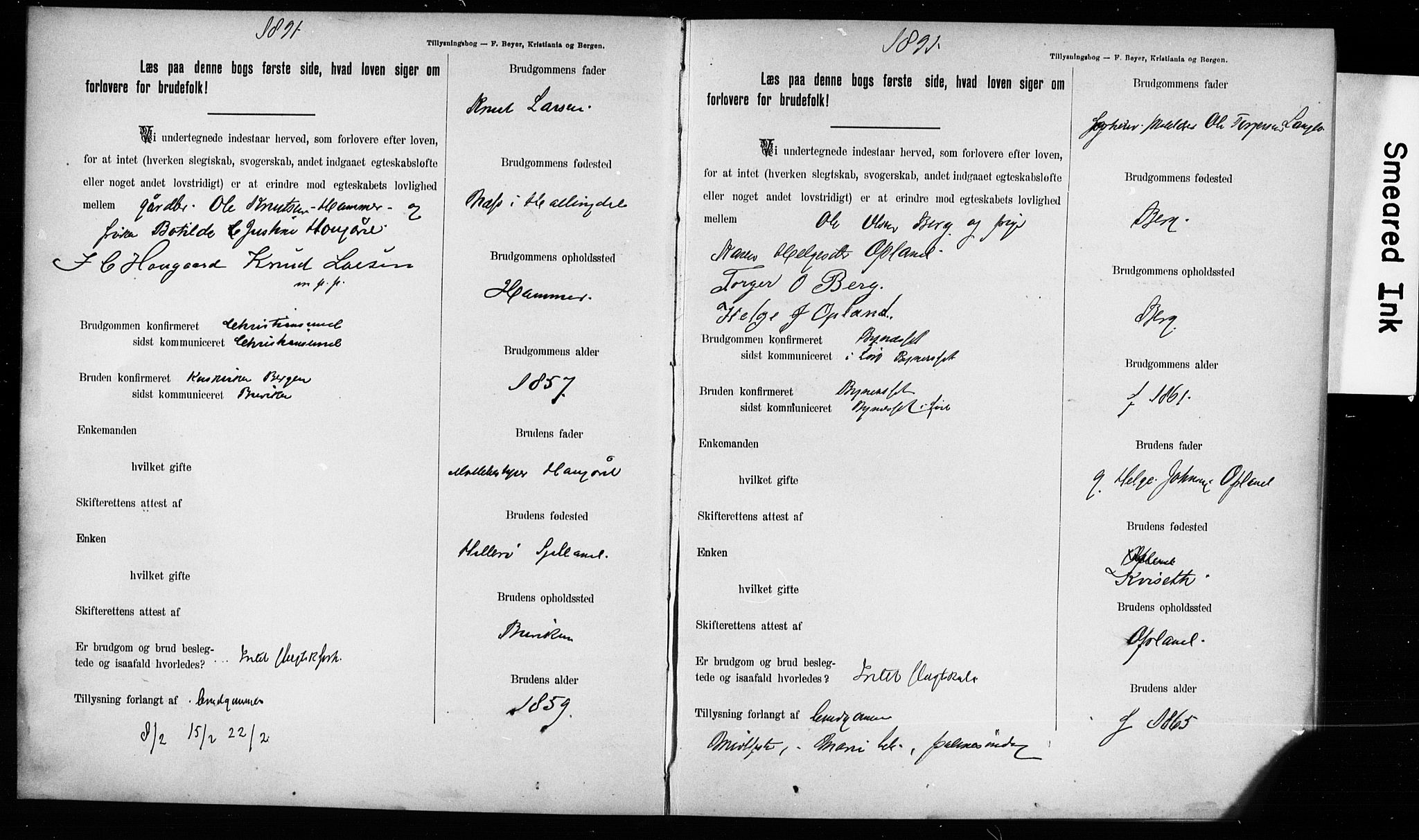 Hurum kirkebøker, AV/SAKO-A-229/H/Hb/L0001: Forlovererklæringer nr. 1, 1890-1899