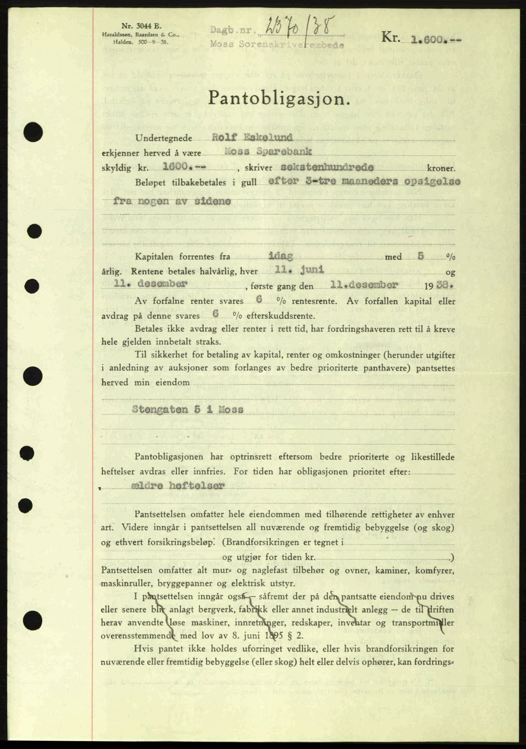 Moss sorenskriveri, SAO/A-10168: Pantebok nr. B6, 1938-1938, Dagboknr: 2370/1938