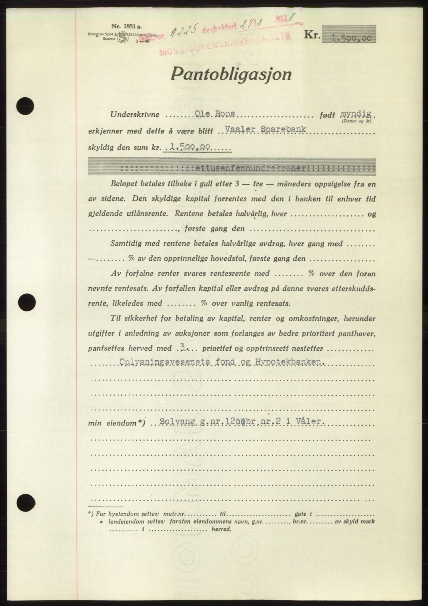 Moss sorenskriveri, AV/SAO-A-10168: Pantebok nr. B20, 1948-1948, Dagboknr: 2225/1948