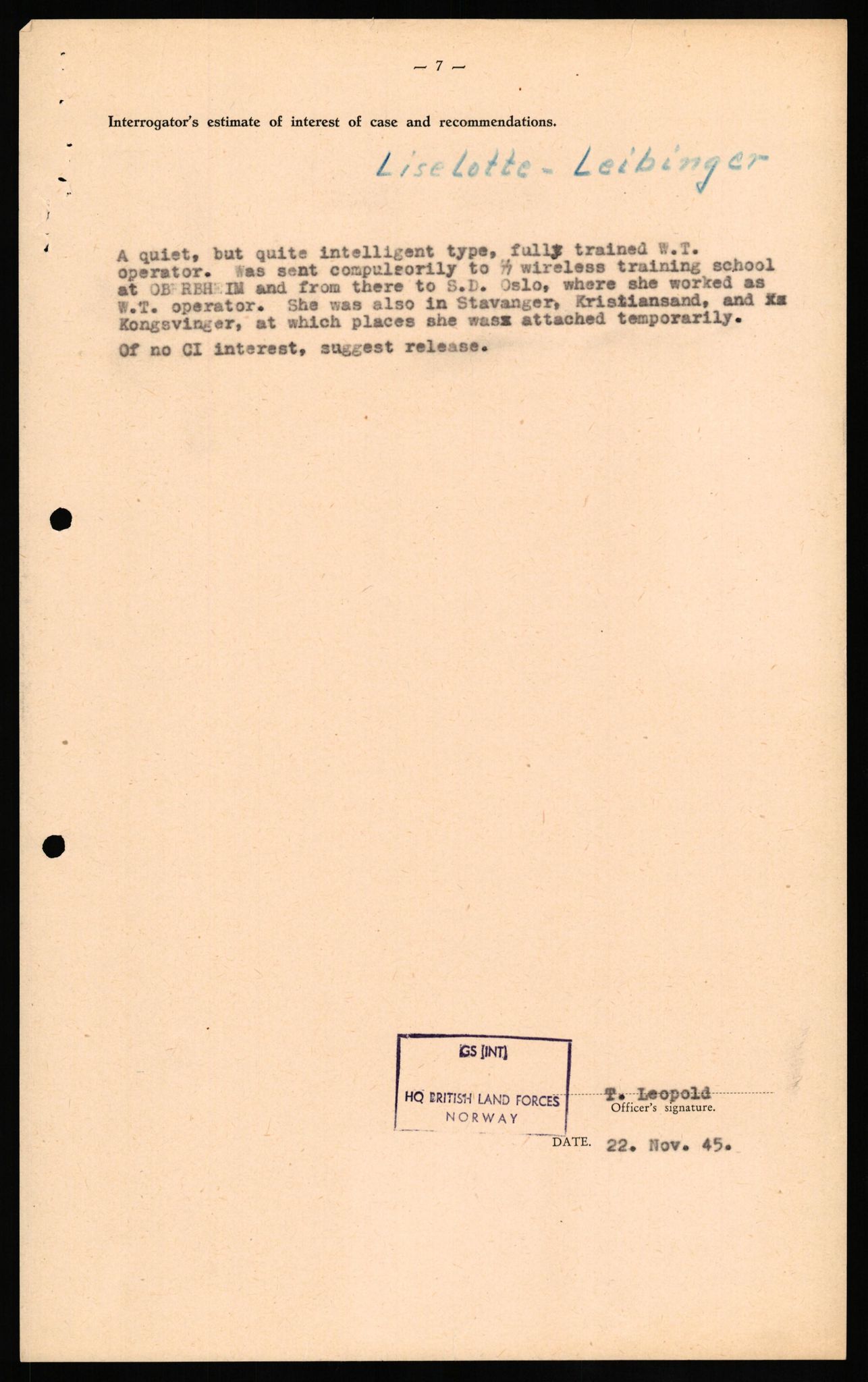 Forsvaret, Forsvarets overkommando II, RA/RAFA-3915/D/Db/L0020: CI Questionaires. Tyske okkupasjonsstyrker i Norge. Tyskere., 1945-1946, s. 53