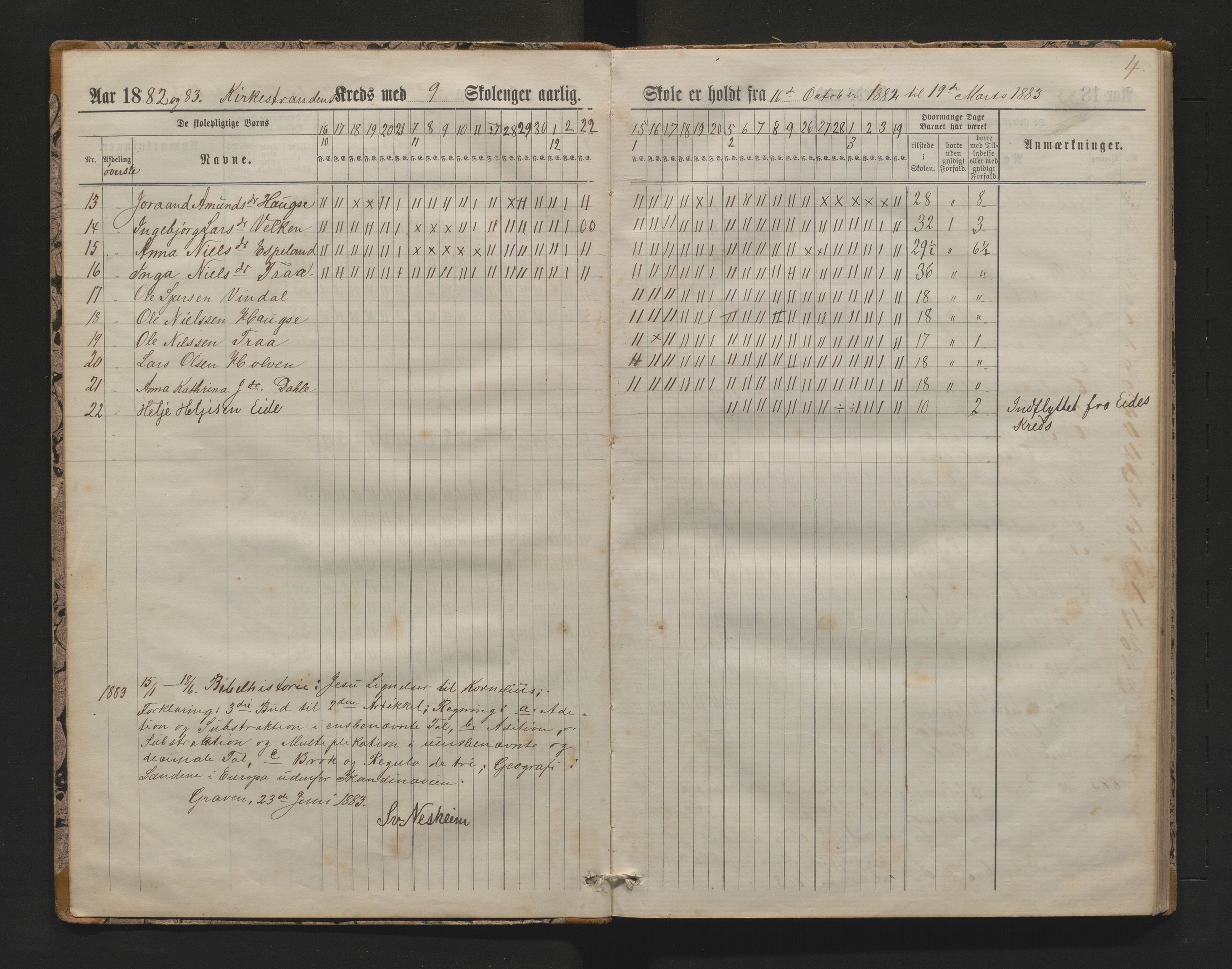 Granvin herad. Barneskulane, IKAH/1234-231/G/Ga/L0006: Dagsjournal for læraren i Gravens skulekrinsar, 1882-1896