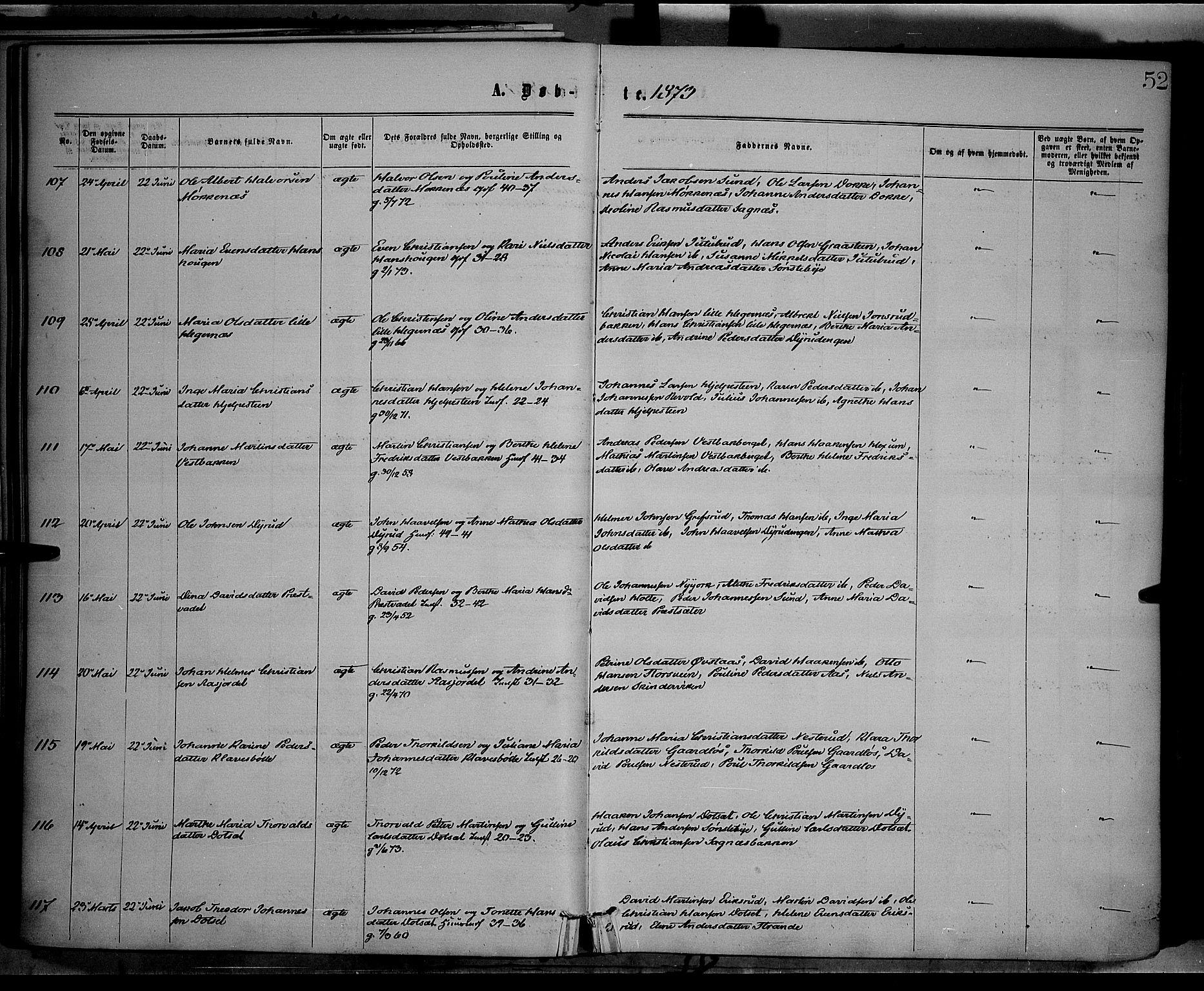 Vestre Toten prestekontor, SAH/PREST-108/H/Ha/Haa/L0008: Ministerialbok nr. 8, 1870-1877, s. 52