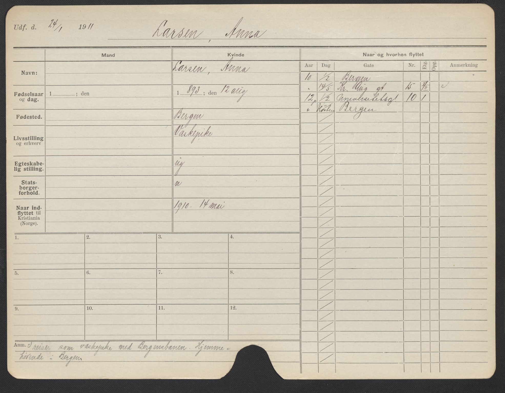 Oslo folkeregister, Registerkort, AV/SAO-A-11715/F/Fa/Fac/L0019: Kvinner, 1906-1914, s. 806a