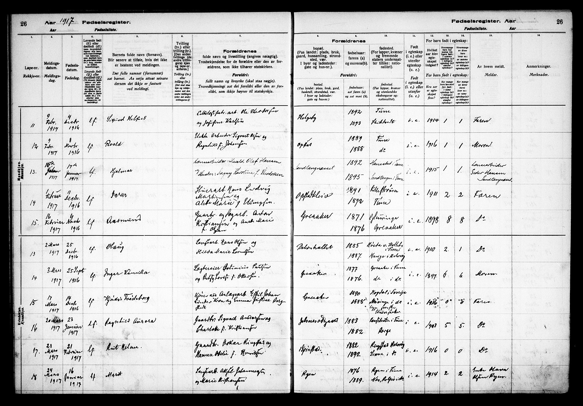 Tune prestekontor Kirkebøker, AV/SAO-A-2007/J/Ja/L0001: Fødselsregister nr. I 1, 1916-1928, s. 26