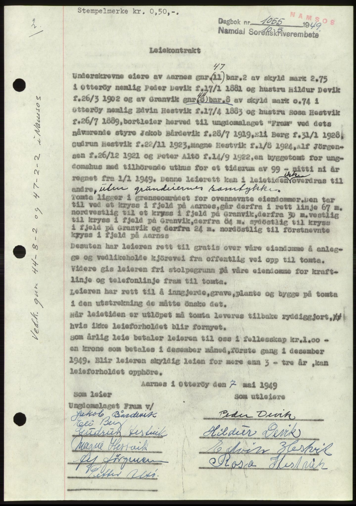 Namdal sorenskriveri, SAT/A-4133/1/2/2C: Pantebok nr. -, 1949-1949, Dagboknr: 1055/1949