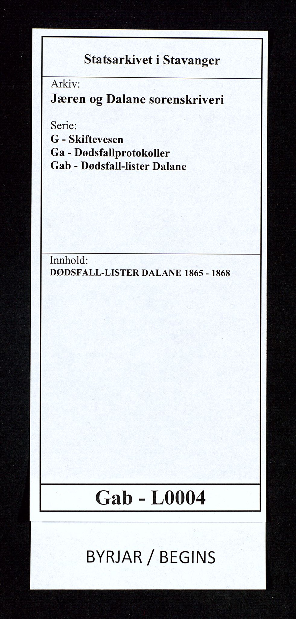 Jæren og Dalane sorenskriveri, SAST/A-100306/5/52AB/L0004: DØDSFALL-LISTER DALANE, 1865-1868, s. 1