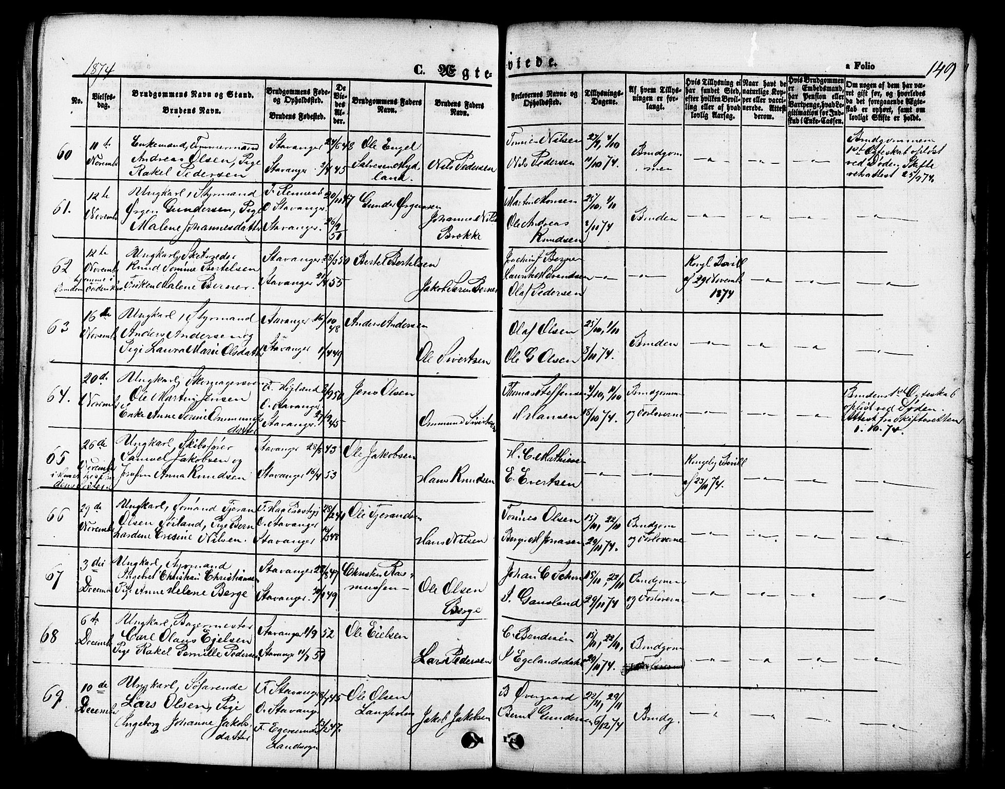 Domkirken sokneprestkontor, AV/SAST-A-101812/001/30/30BB/L0011: Klokkerbok nr. B 11, 1858-1876, s. 149