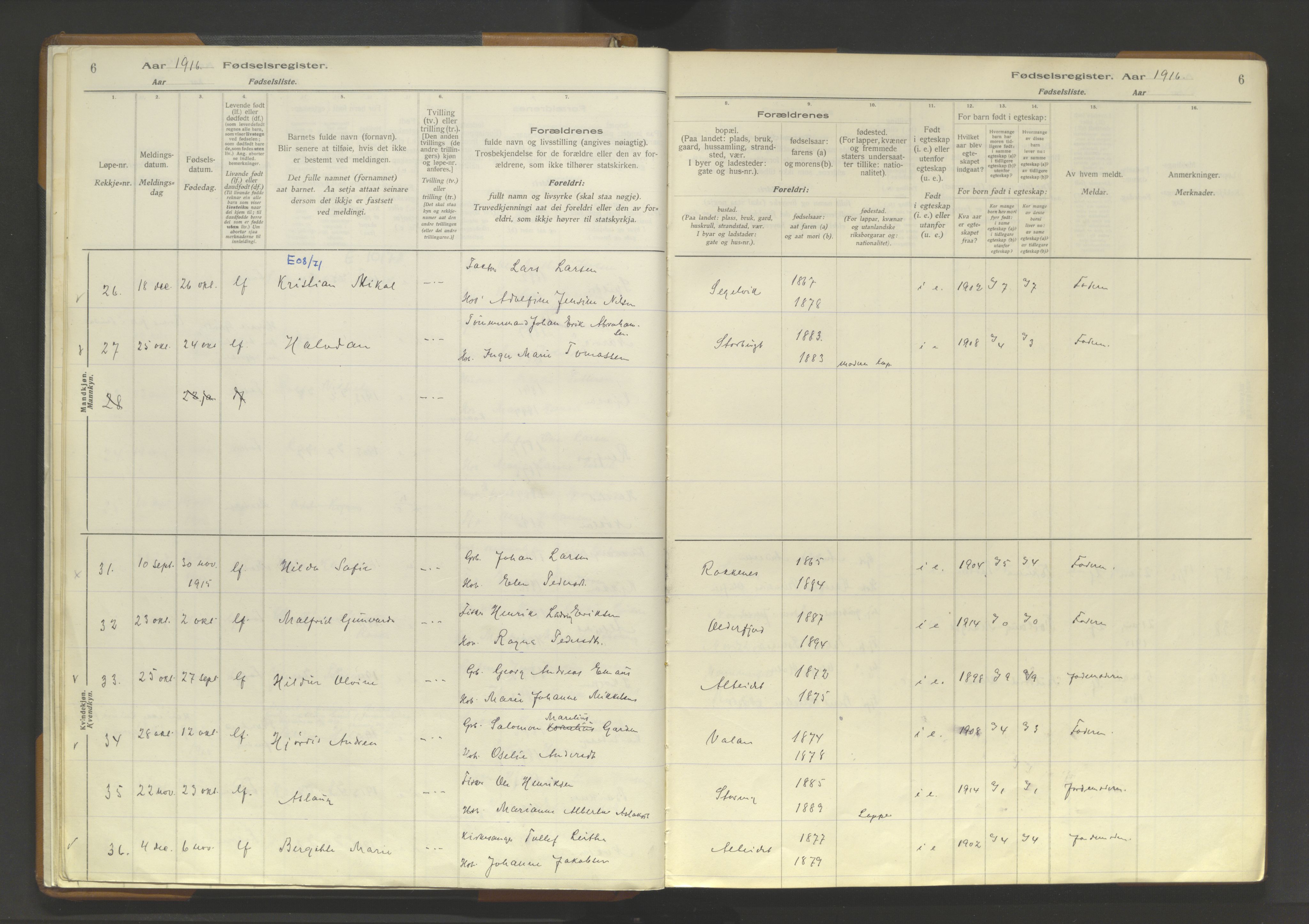 Skjervøy sokneprestkontor, SATØ/S-1300/I/Ia/L0062: Fødselsregister nr. 62, 1916-1950, s. 6