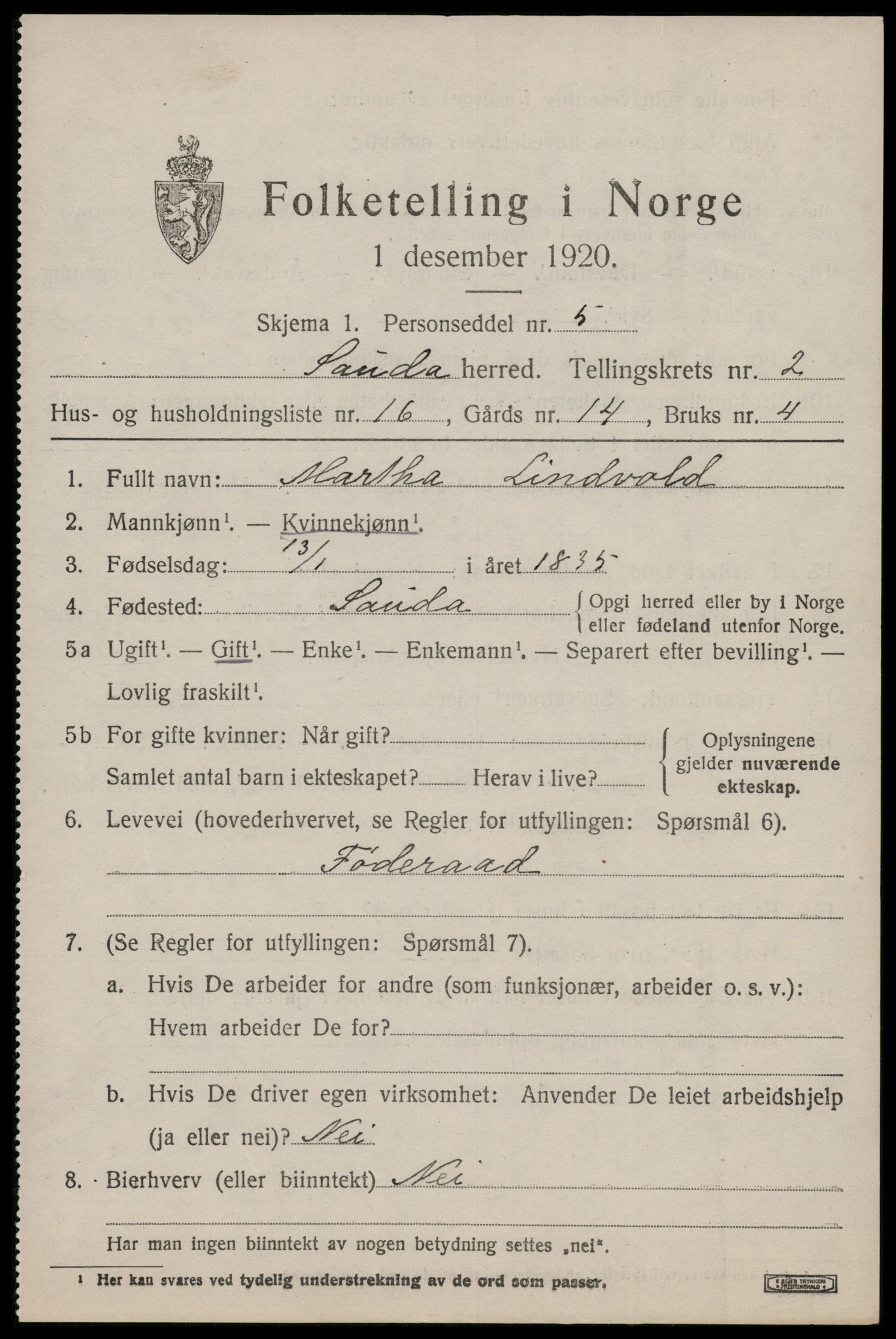 SAST, Folketelling 1920 for 1135 Sauda herred, 1920, s. 1112