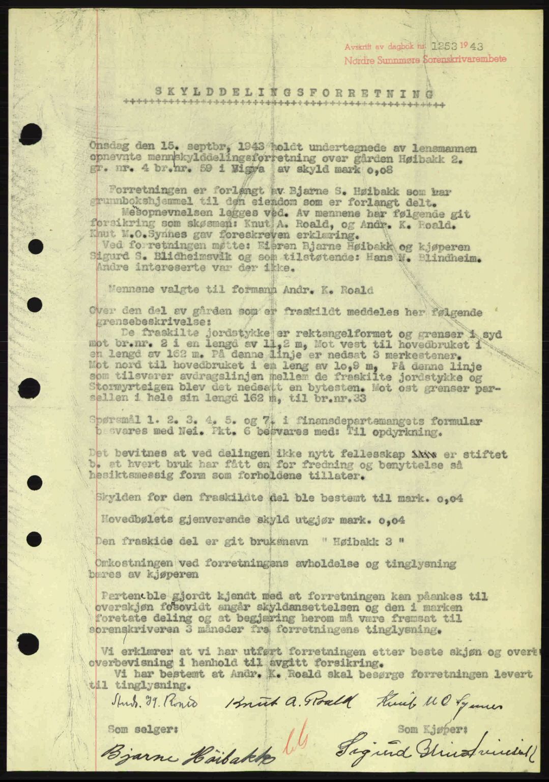 Nordre Sunnmøre sorenskriveri, SAT/A-0006/1/2/2C/2Ca: Pantebok nr. A16, 1943-1943, Dagboknr: 1253/1943