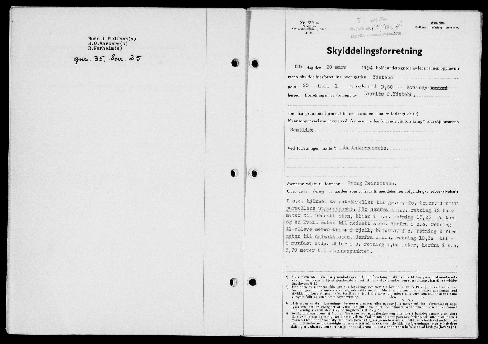 Ryfylke tingrett, SAST/A-100055/001/II/IIB/L0125: Pantebok nr. 104, 1954-1954, Dagboknr: 857/1954